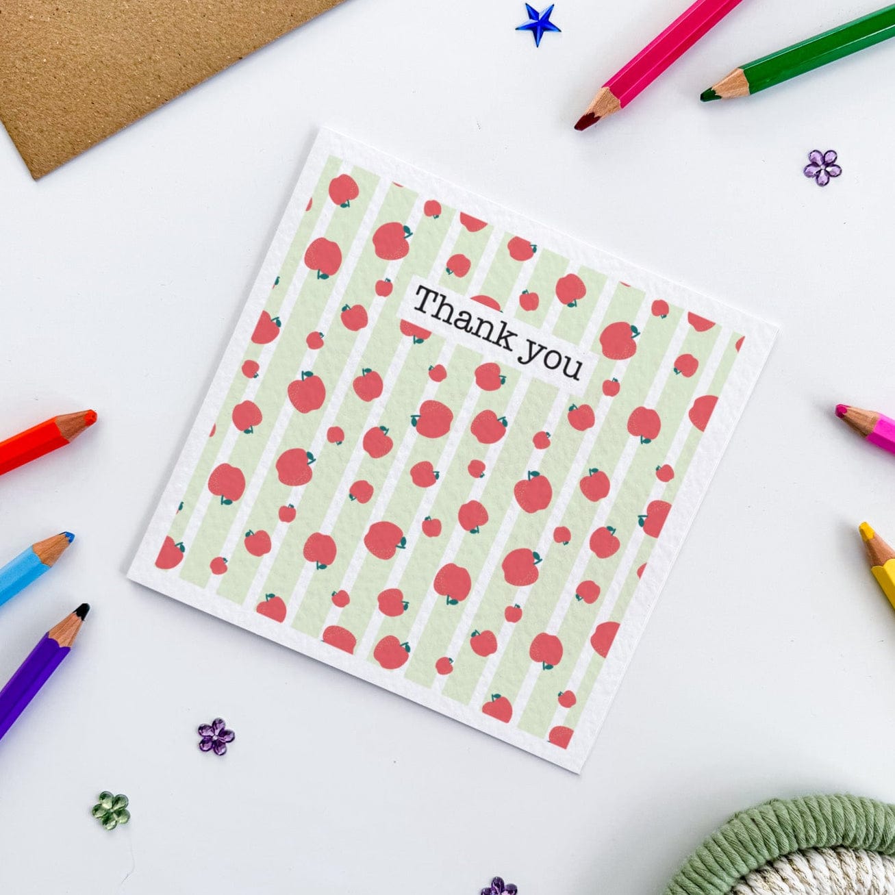 Apple stripe card with green and red design – perfect for teacher thank yous