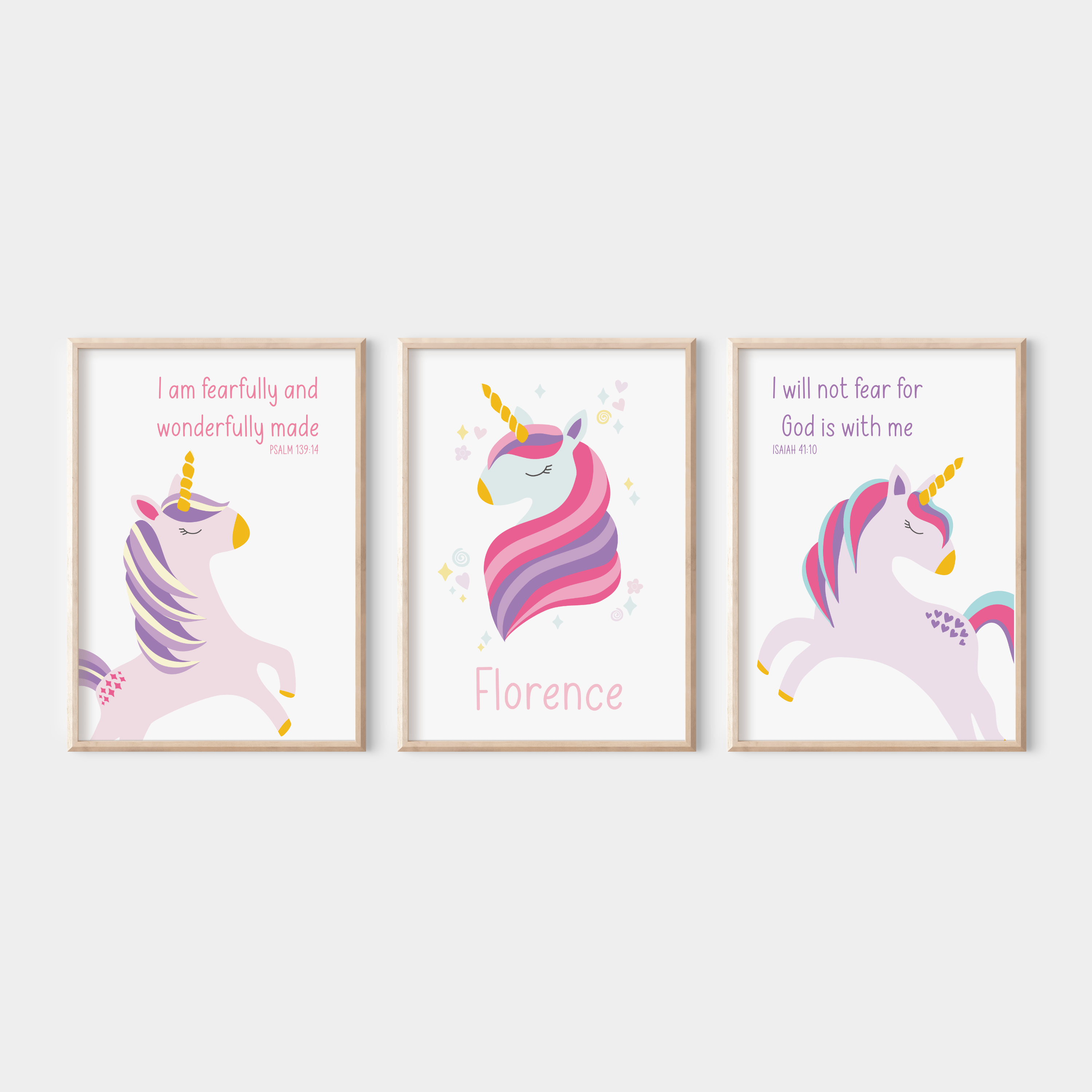 Set of 3 unicorn prints including personalised name and Bible verses – Christian wall art for children’s bedrooms or nurseries