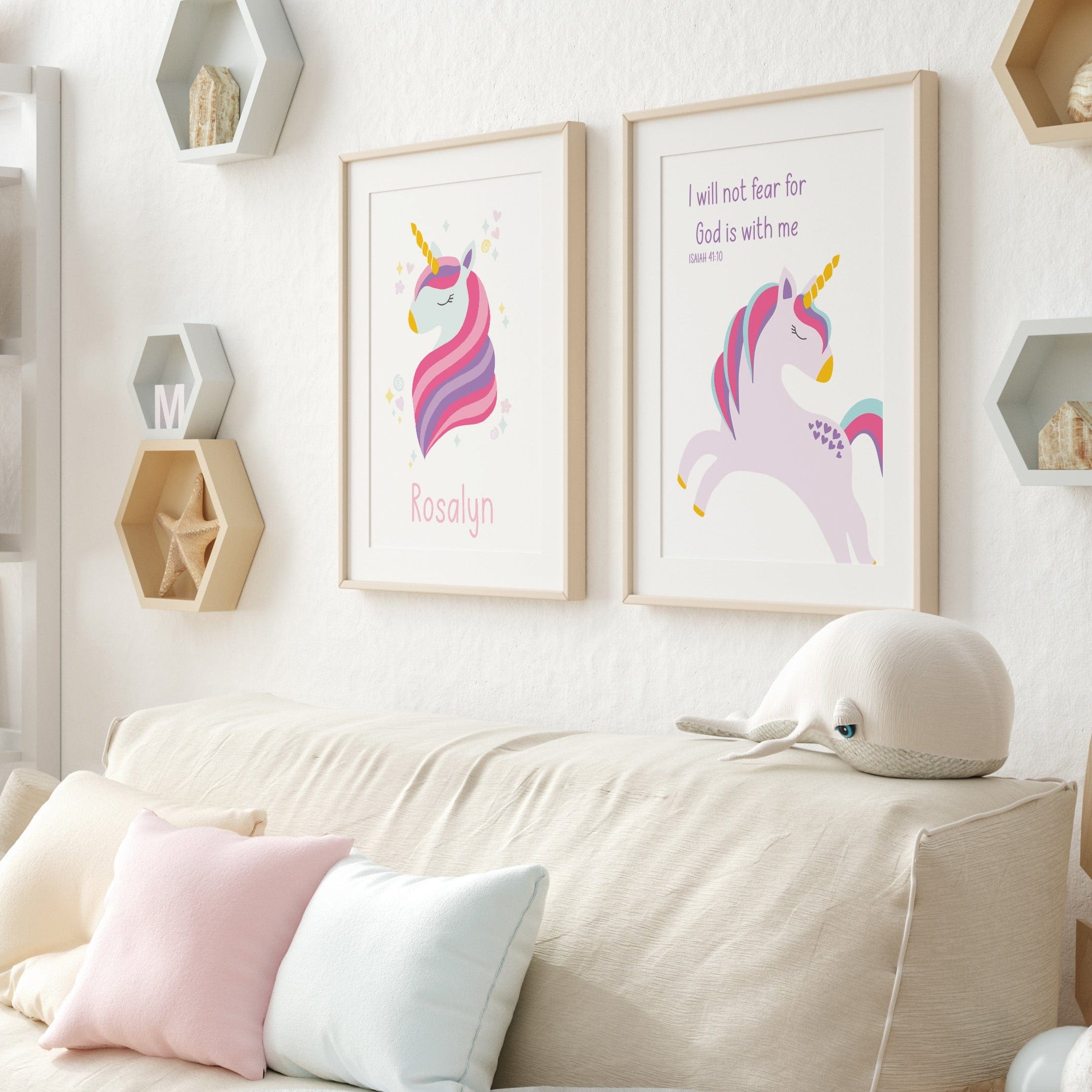 Faith-based unicorn wall art set above a child’s bed – personalised Christian prints with uplifting Bible verses and pastel illustrations