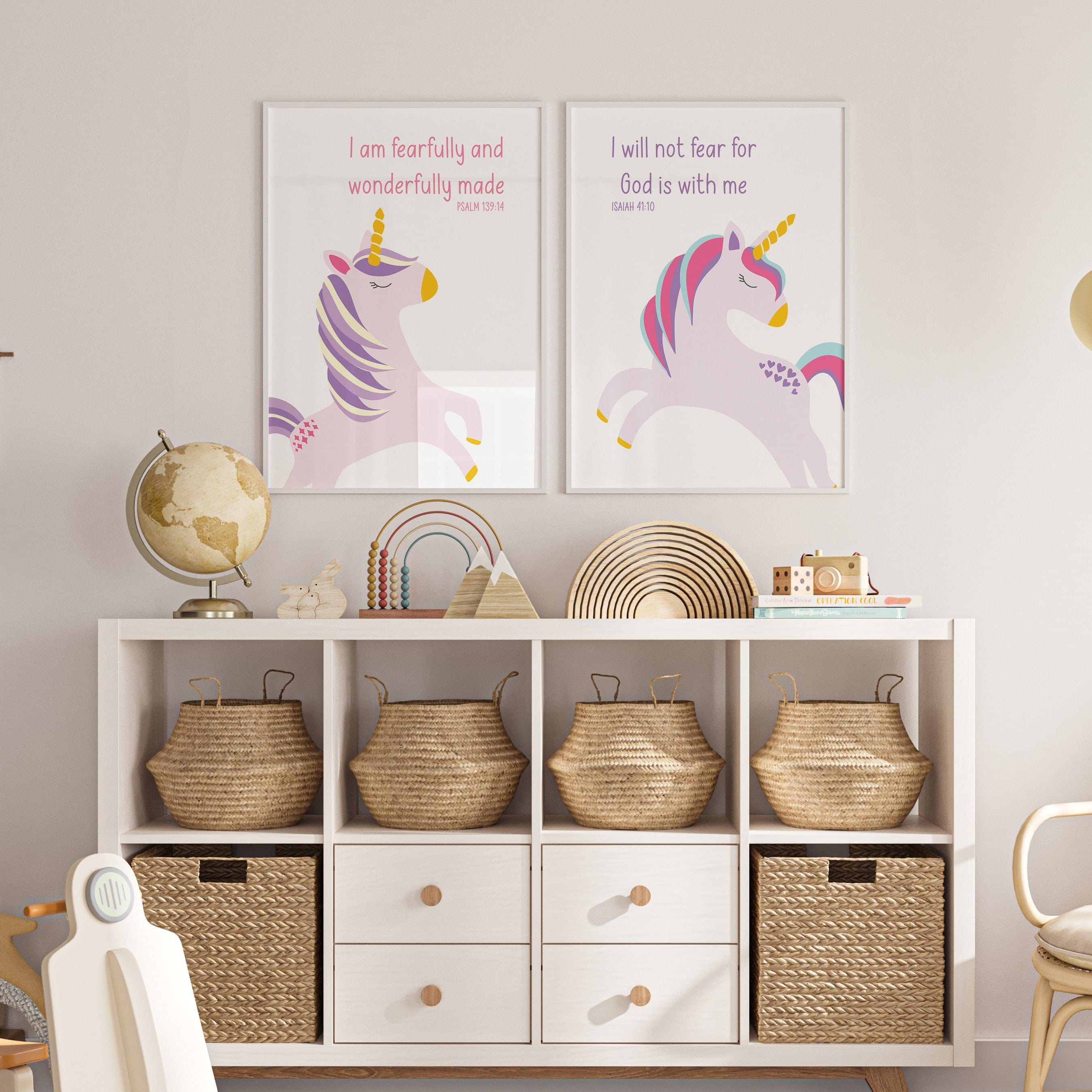 Christian unicorn print set displayed above toy storage in a calming children’s playroom – personalised nursery art with Bible verses