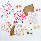 Bundle of colourful summer cards featuring lemon, strawberry, cherry, peach, and apple designs