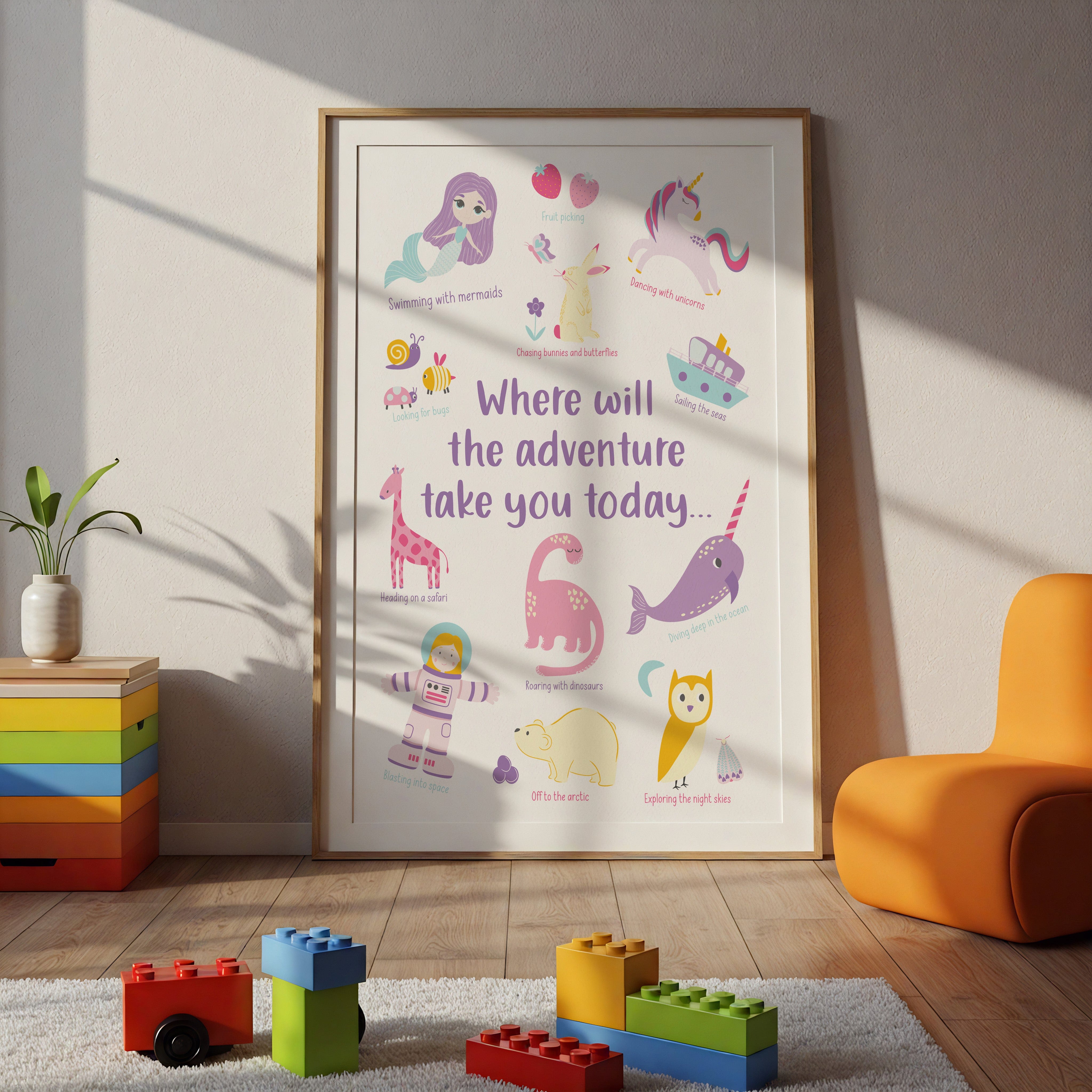 Adventure writing prompt poster displayed above cosy reading corner with cushions – ideal for creative children’s spaces.