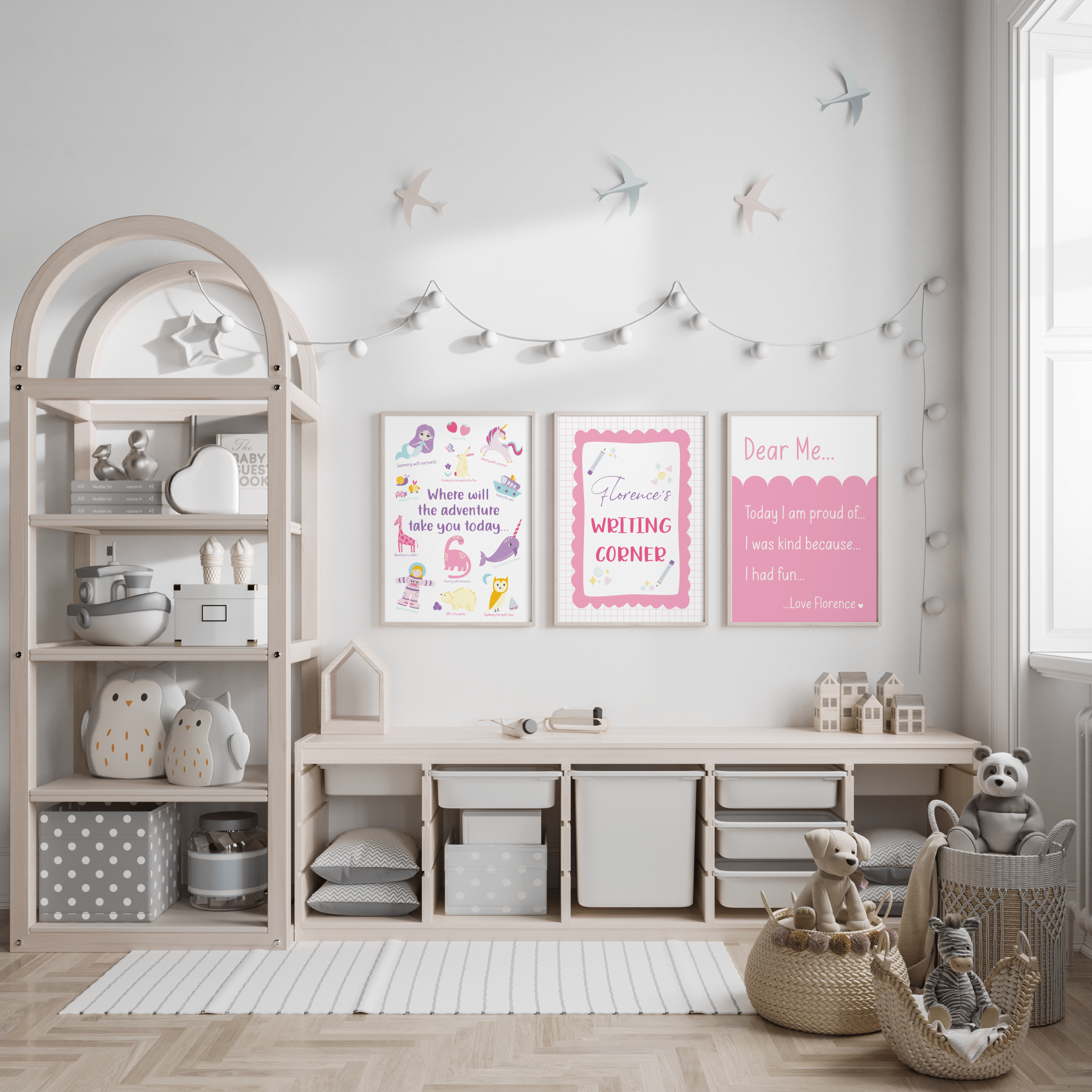 Adventure, writing corner, and Dear Me affirmation prints styled in a modern Montessori-inspired playroom.