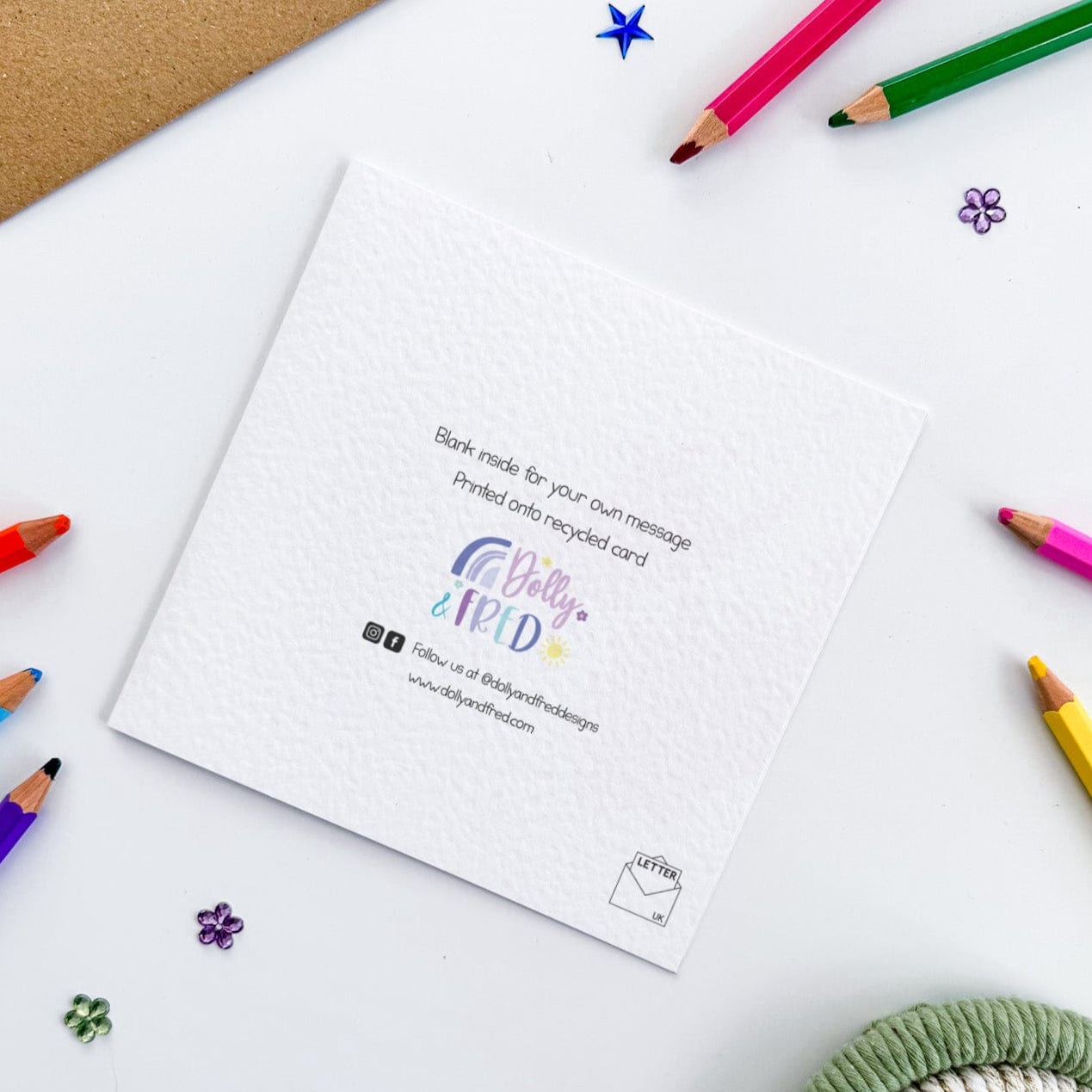 Back of a square dolly and fred greetings card