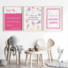 Set of three Writing Corner prints styled in a modern playroom with wooden table and octopus chair.