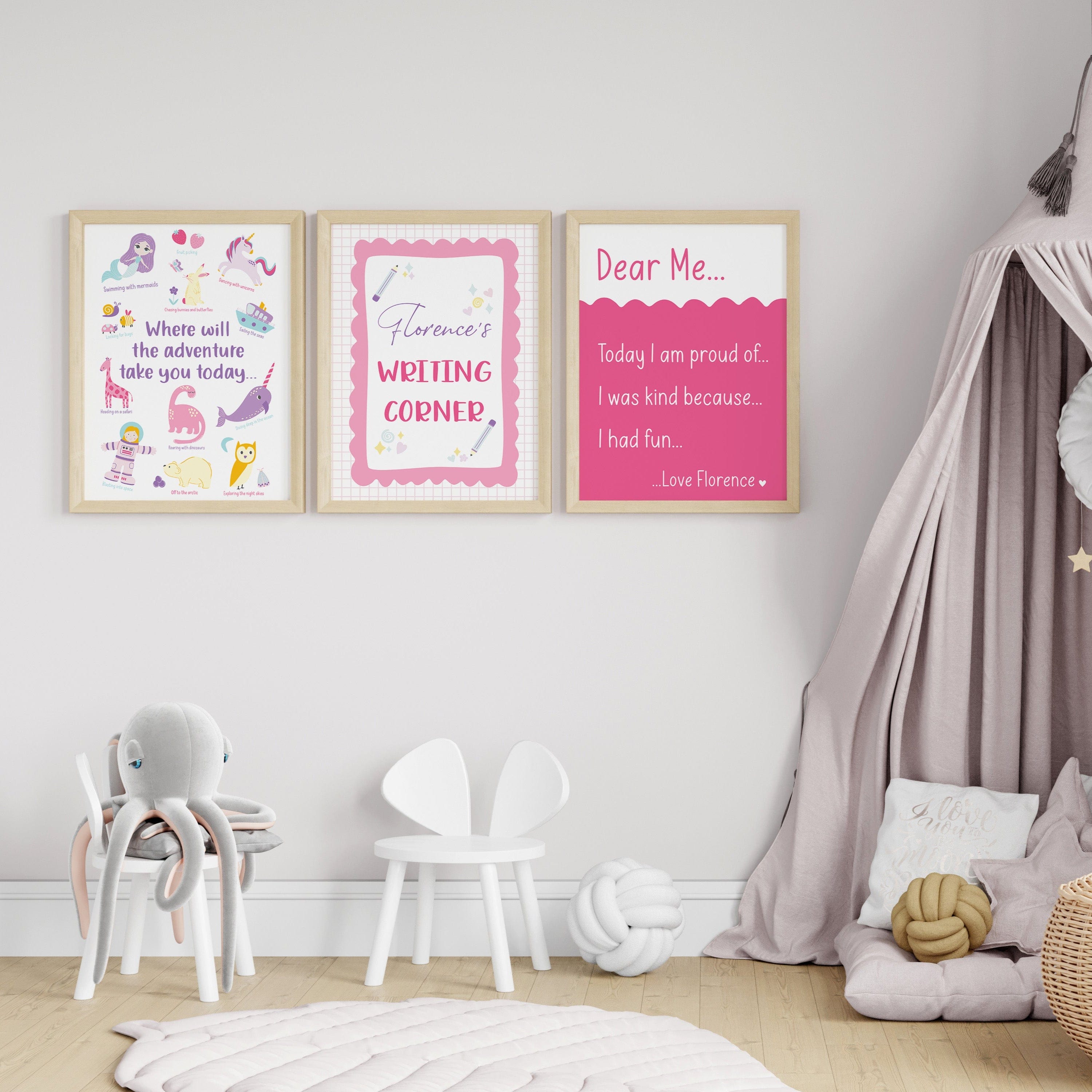 Writing Corner print trio hung above a cosy reading corner with toy tent and soft play rug