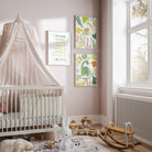 Set of 3 dinosaur and affirmation prints displayed next to a crib in a neutral nursery