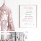 Meaningful wall art for a girl's room, featuring positive "I AM" statements.