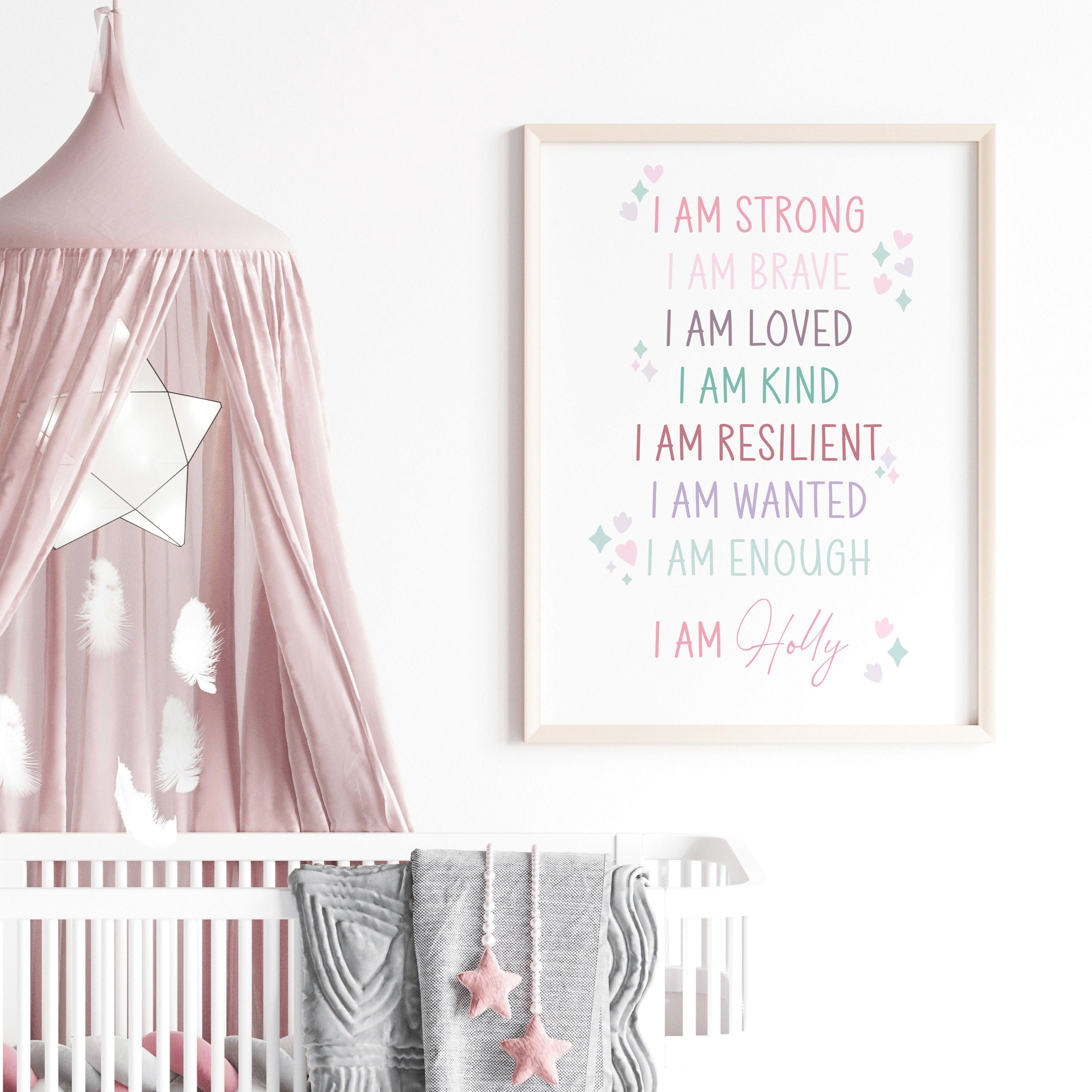 Meaningful wall art for a girl's room, featuring positive "I AM" statements.