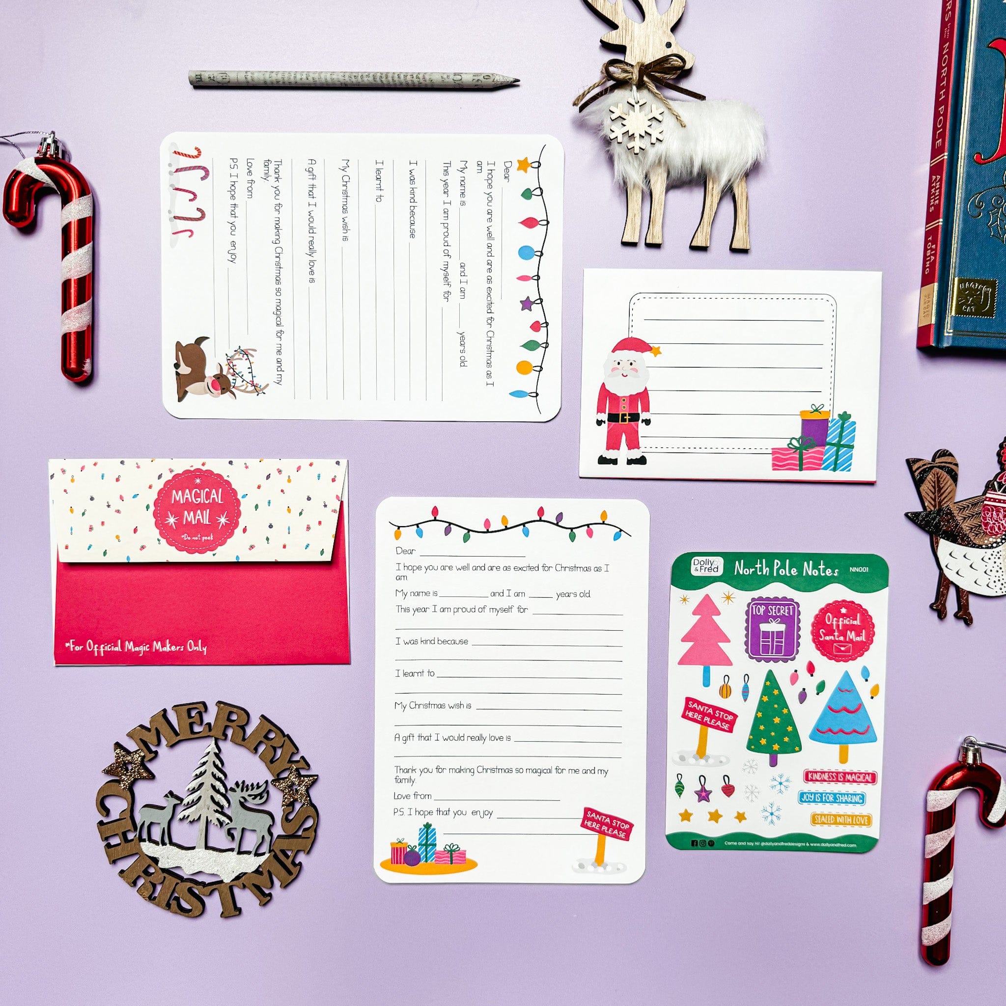 Childrens letter to santa kit on a purple background