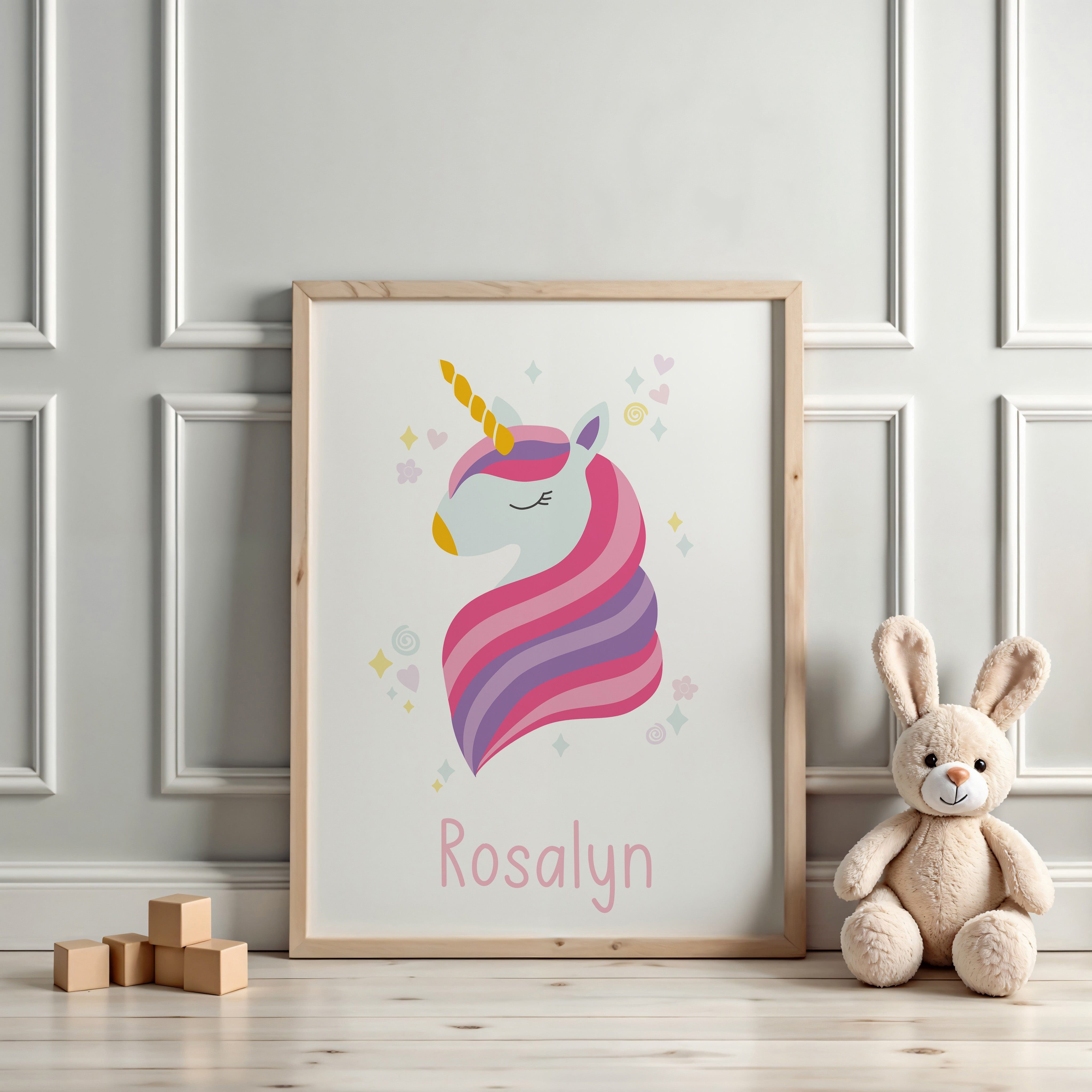 Close-up of framed unicorn print with Bible verse from Isaiah 41:10 – gentle and empowering Christian wall art for girls’ rooms
