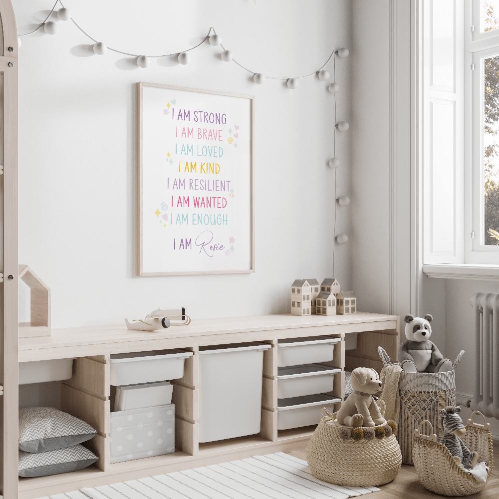 I Am affirmation wall art for children displayed in a nursery – personalised print to inspire confidence and joy