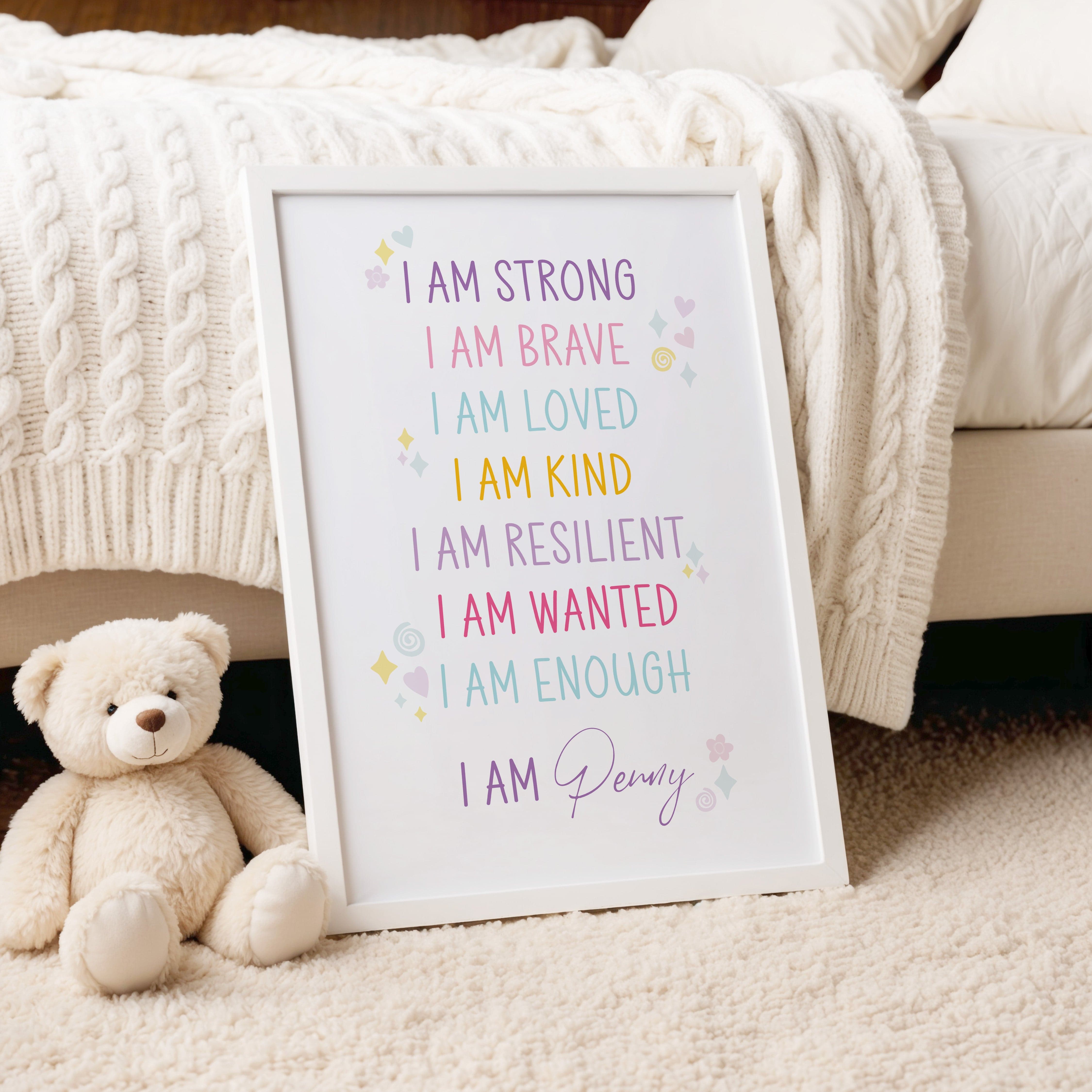 Colourful I Am affirmation print for girls’ room – empowering wall art with child’s name in soft pastel colours
