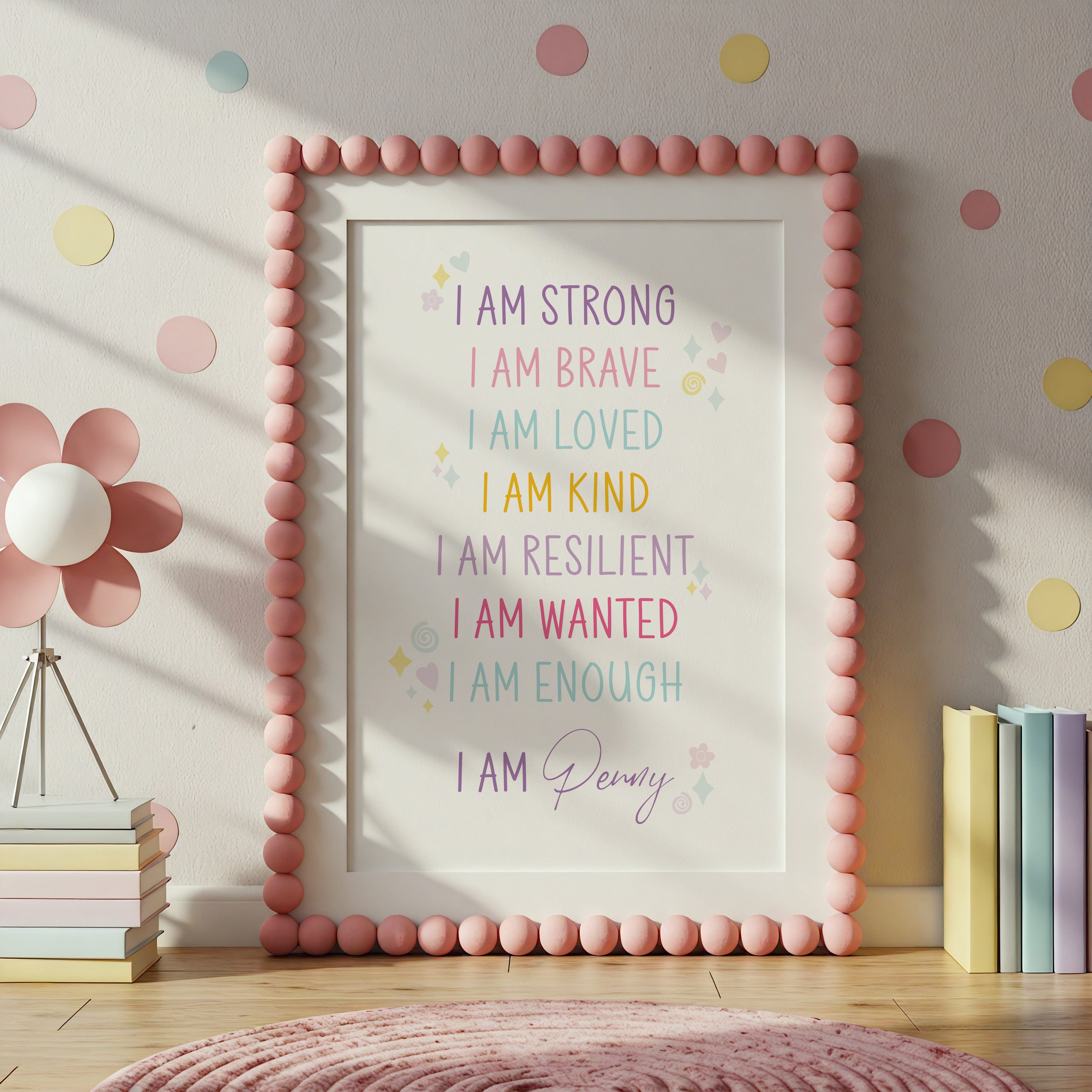 Framed personalised I Am affirmation print for children – colourful wall art with confidence-building messages in a girls’ bedroom