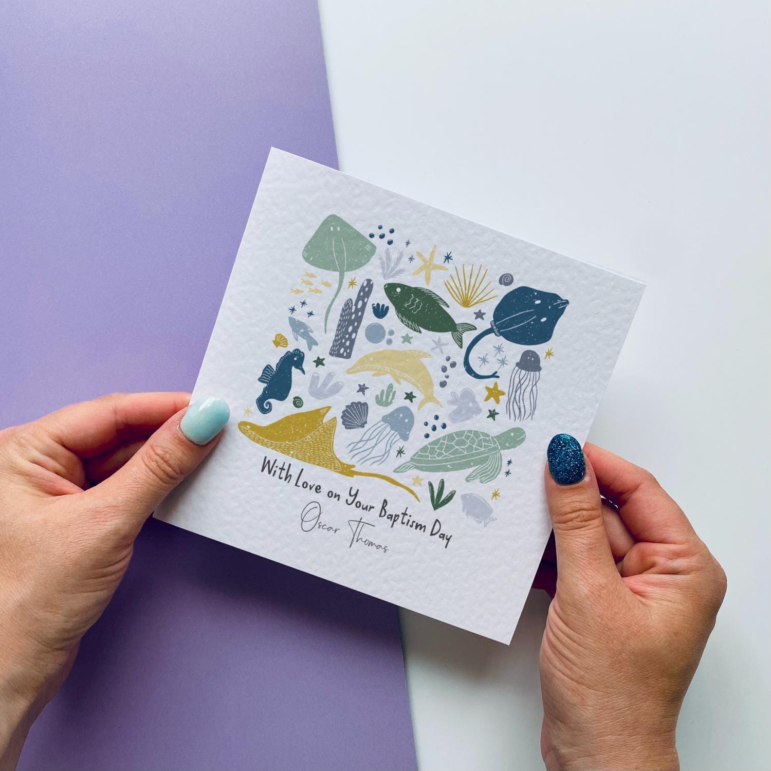 Personalised Ocean Baptism Card - Christian Christening Card for Boys or Girls - Under the Sea Dedication Keepsake