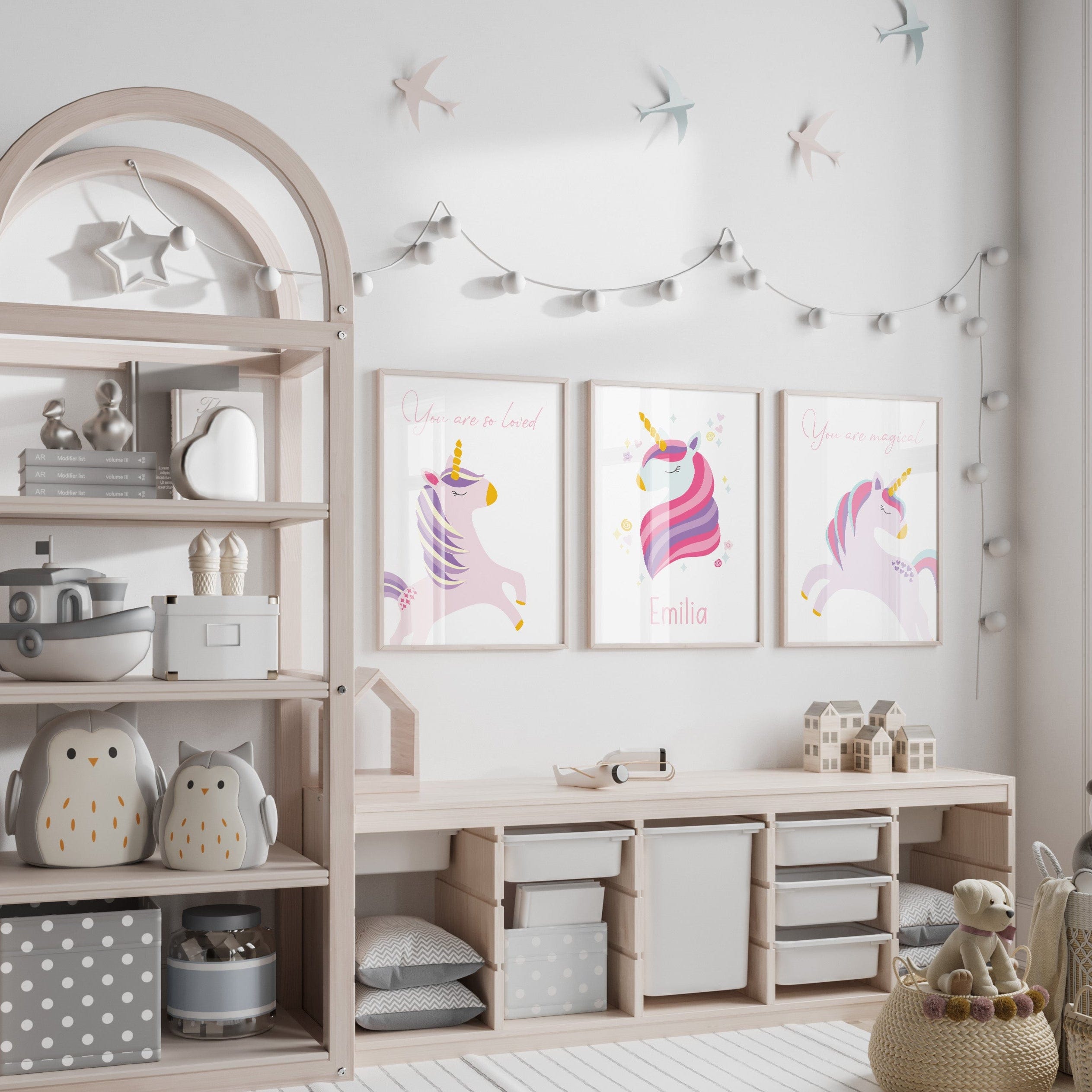 Set of 3 framed unicorn affirmation prints displayed in a pastel nursery – magical and inspirational wall art for girls' bedrooms by Dolly and Fred