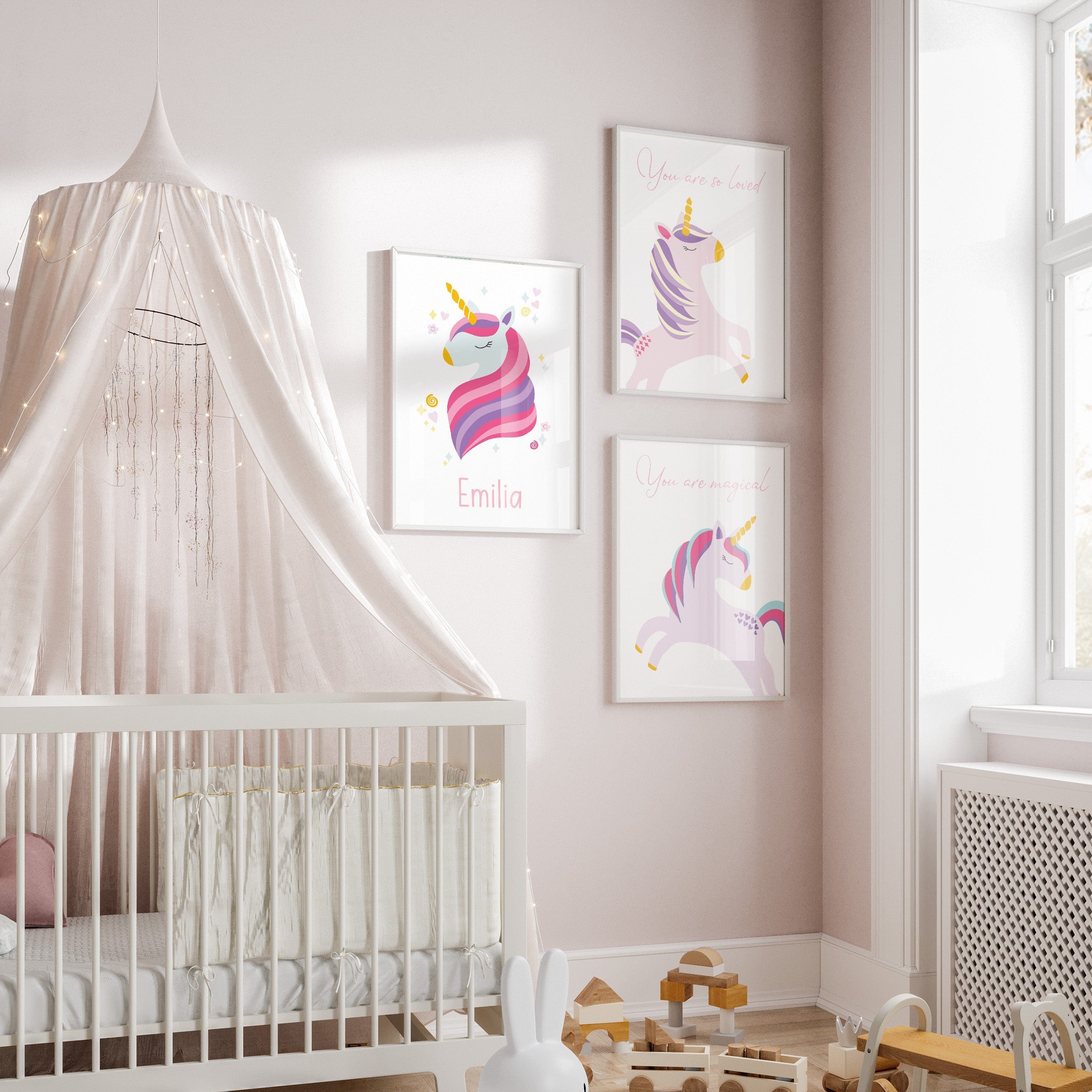 Unicorn wall art set with positive affirmations in a colourful playroom setting – bright and bold prints to inspire confidence in children