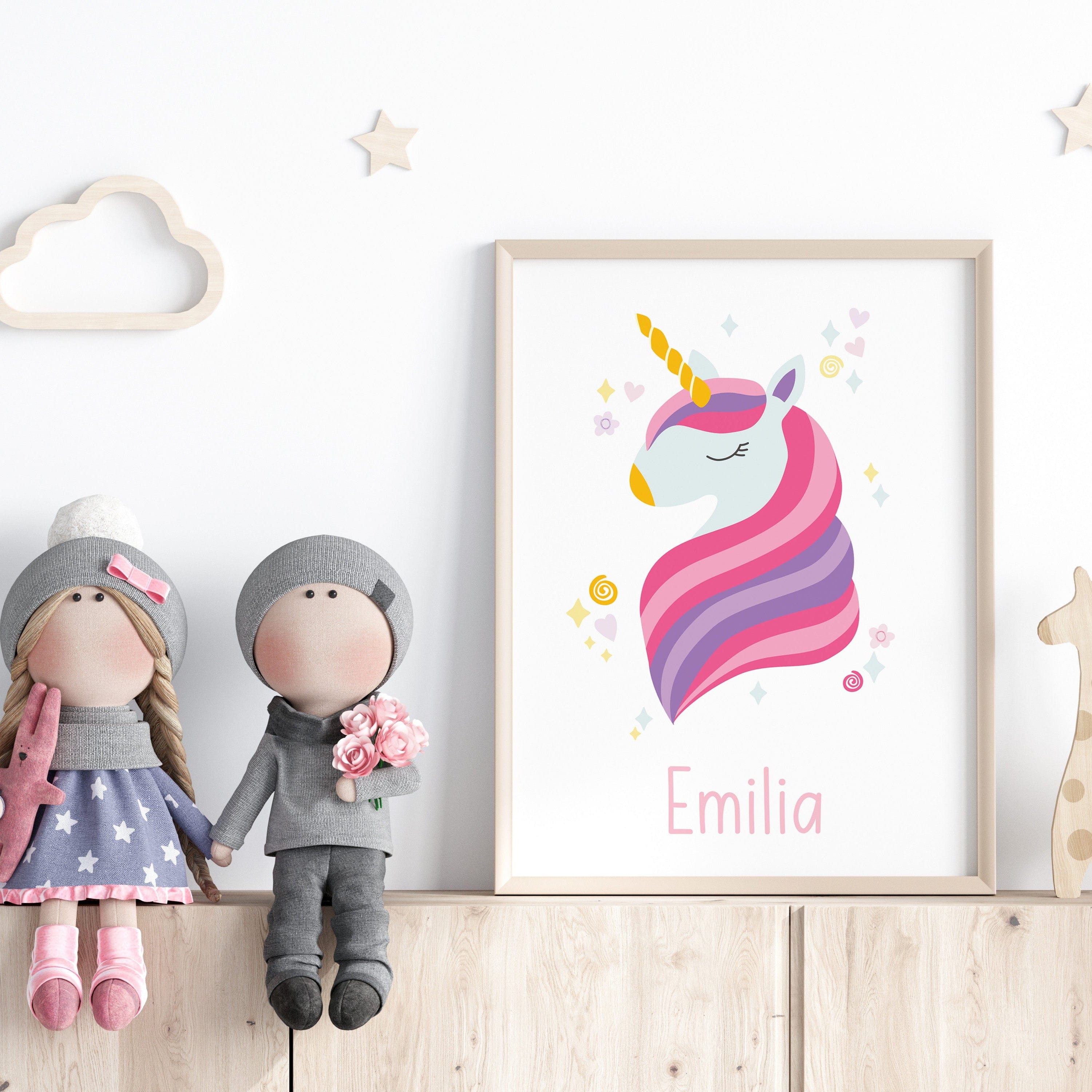Unicorn wall art print with custom name in a soft pastel frame – magical personalised nursery decor for girls