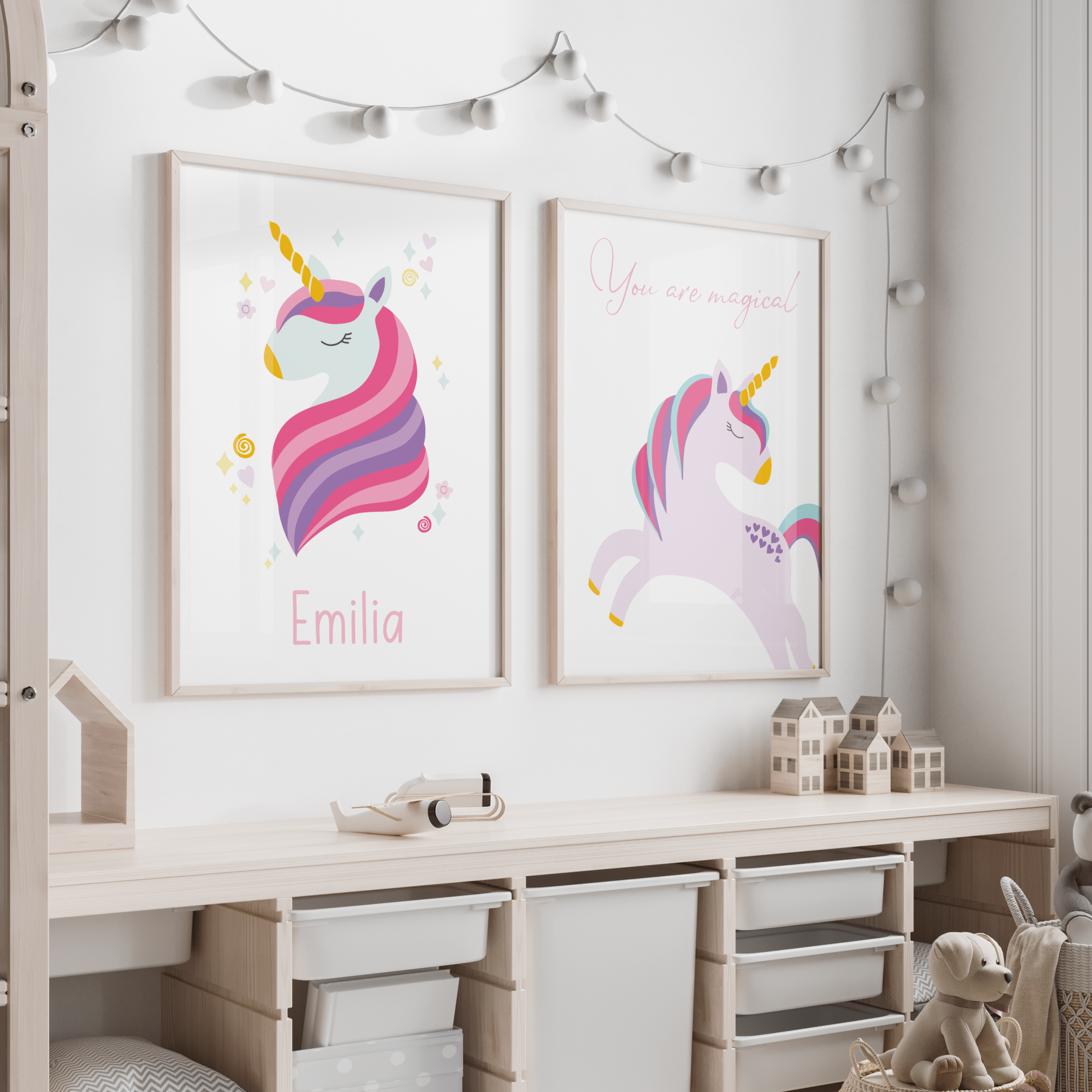 Framed unicorn name print paired with affirmation print in a dreamy girls' bedroom – personalised and positive wall decor for children