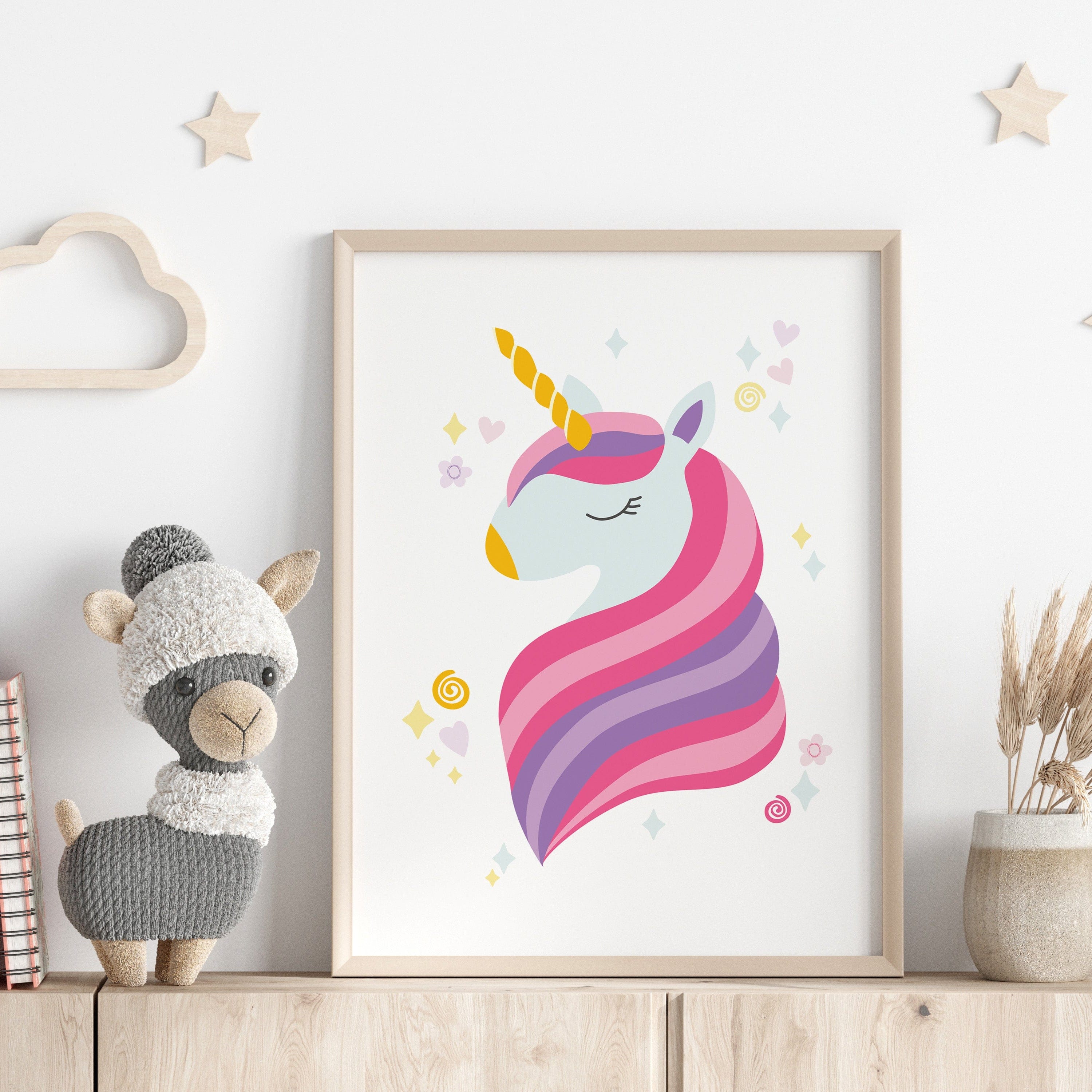 Unicorn illustration print in purple and pink tones with no personalisation – whimsical wall art for children’s bedrooms or nurseries