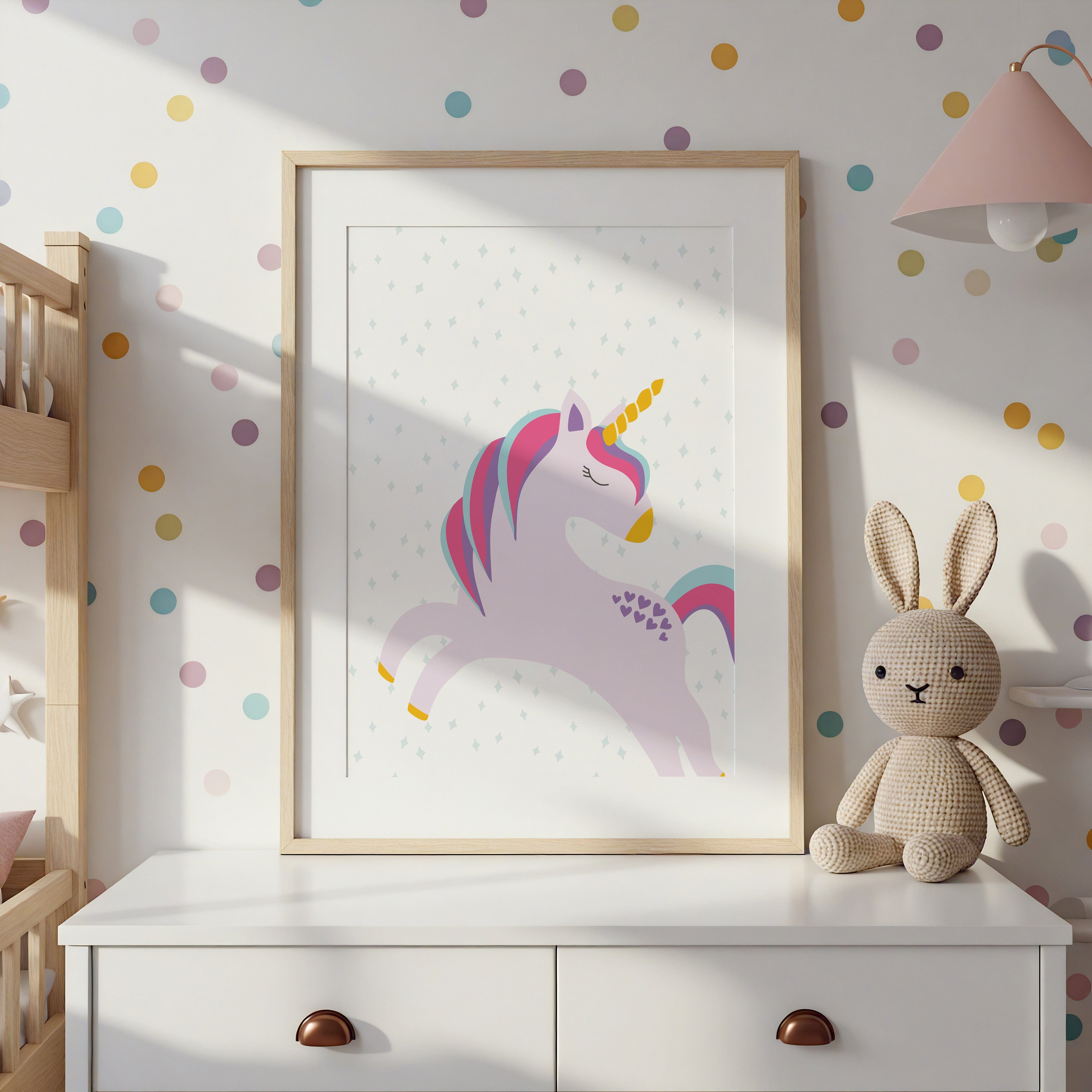 Framed unicorn illustration and I Am affirmation print with pastel polka dots – inspiring art prints for a unicorn-themed girls’ room