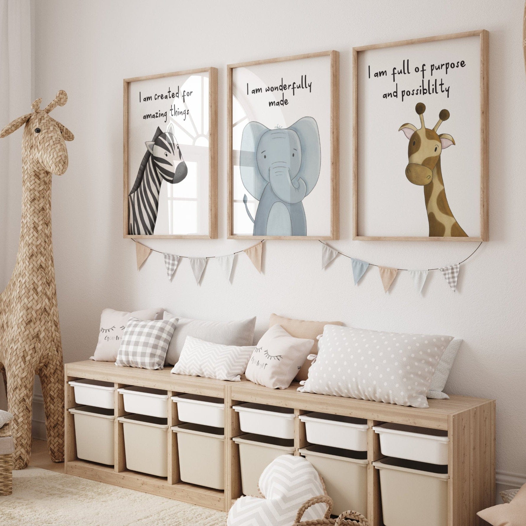 Children's room with framed animal prints and a wooden bench.