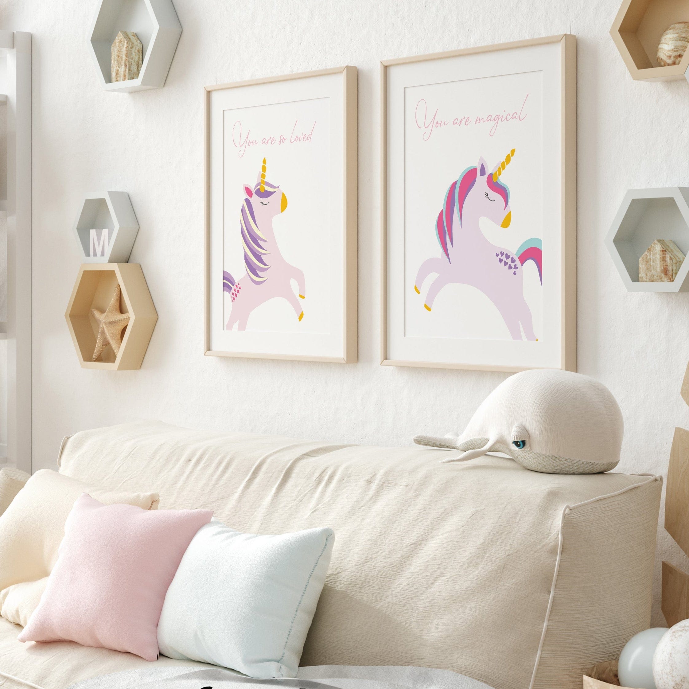 Set of two unicorn illustration prints with soft pastel tones – whimsical wall art for children’s bedrooms or unicorn-themed nurseries