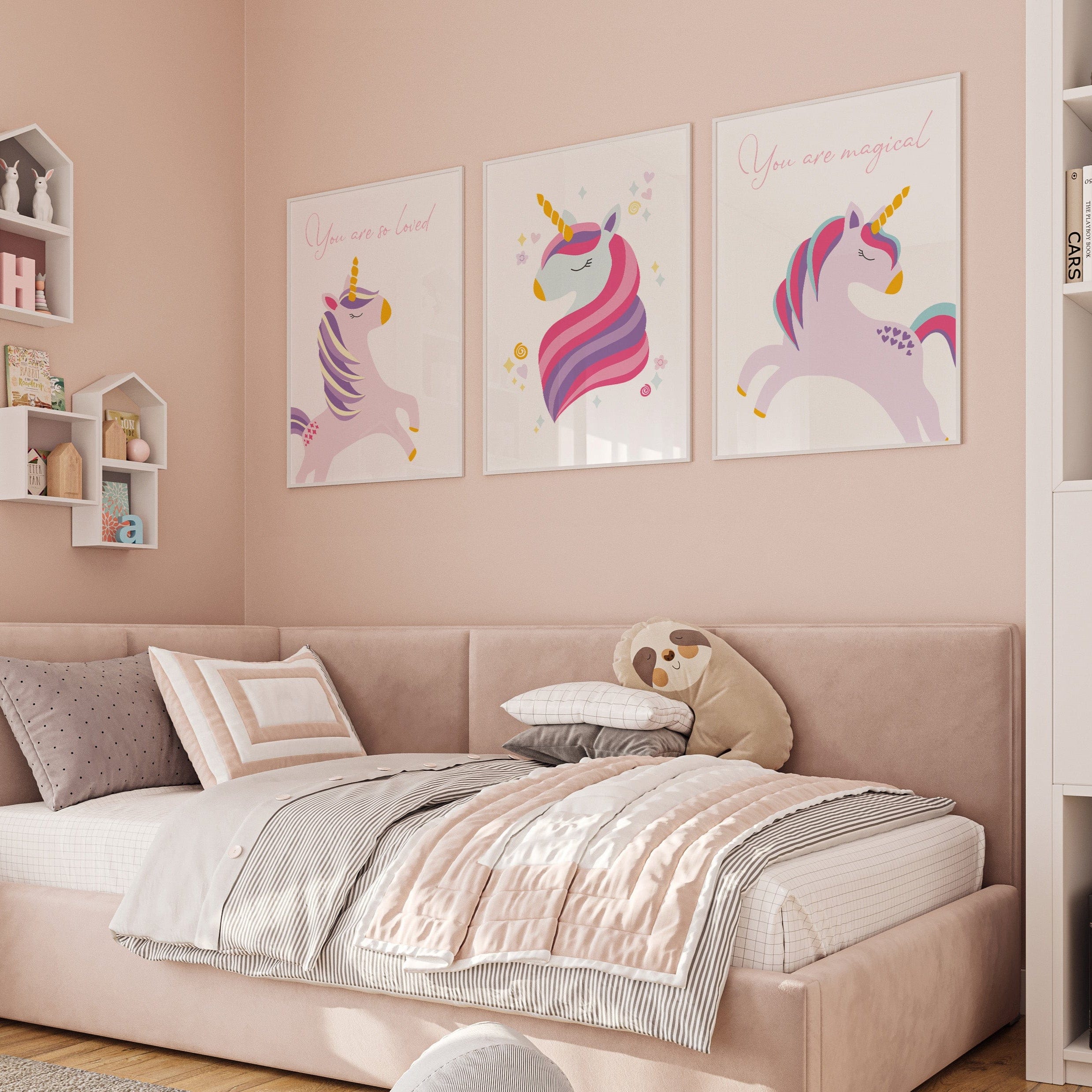 Framed unicorn affirmation prints ‘You Are Magical’, ‘You Are So Loved’ – perfect for creating a unicorn gallery wall”