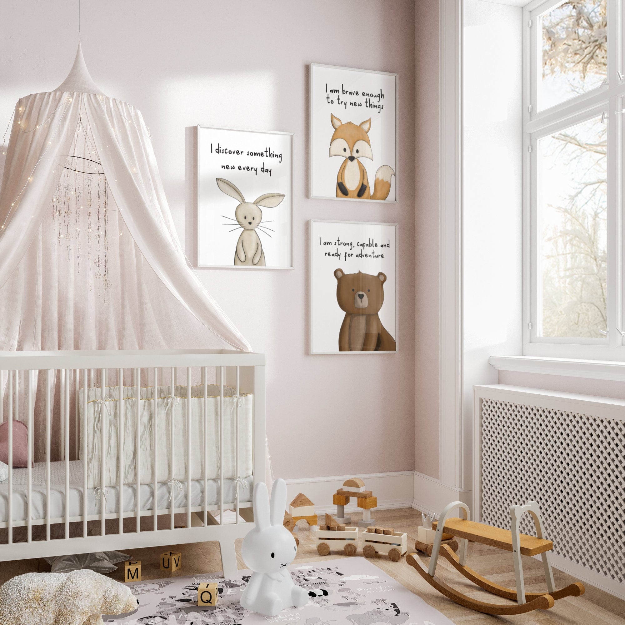 Nursery room with crib, toys, and wall art featuring animals.