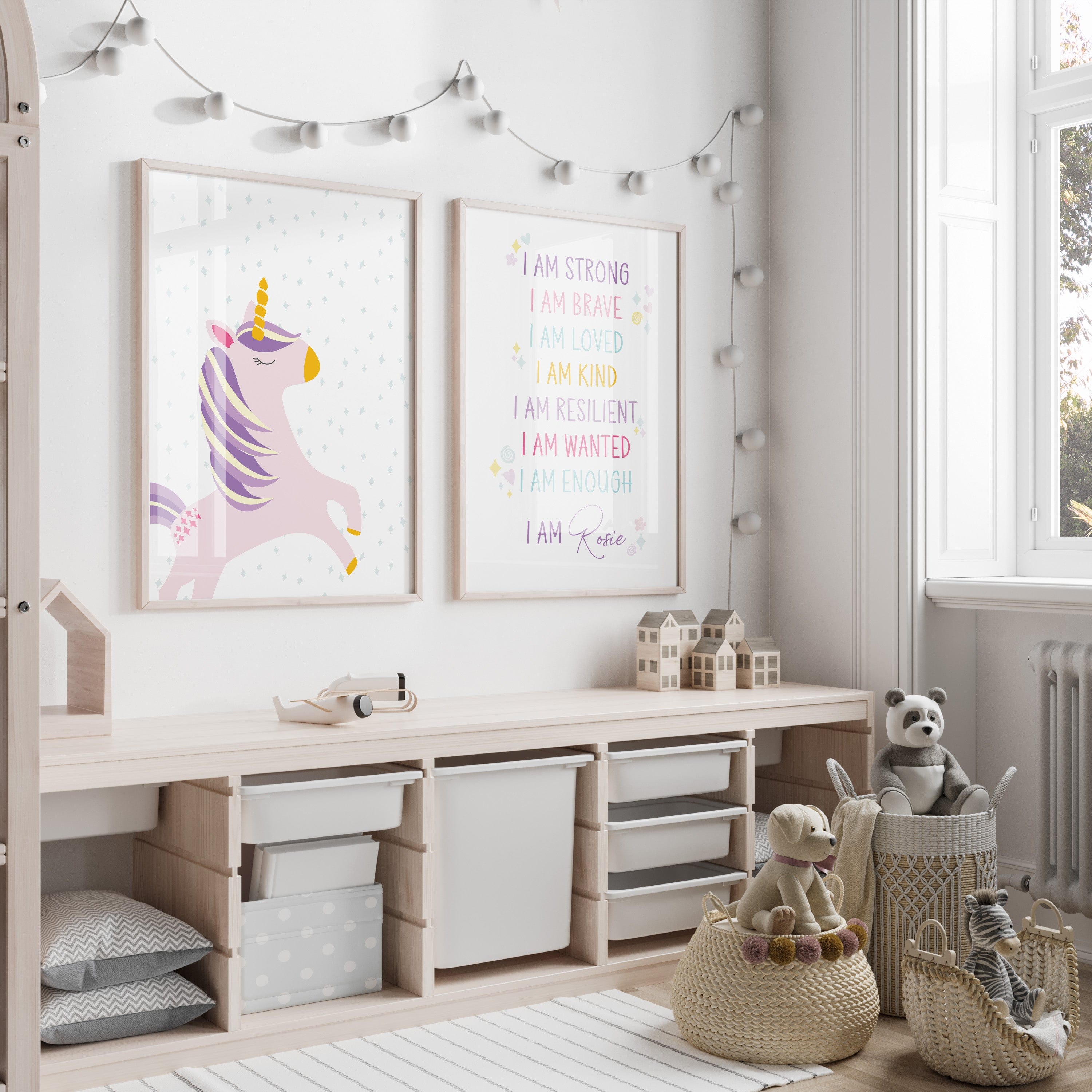 Unicorn and affirmation print trio styled in a neutral children’s playroom – joyful and confidence-boosting wall art set