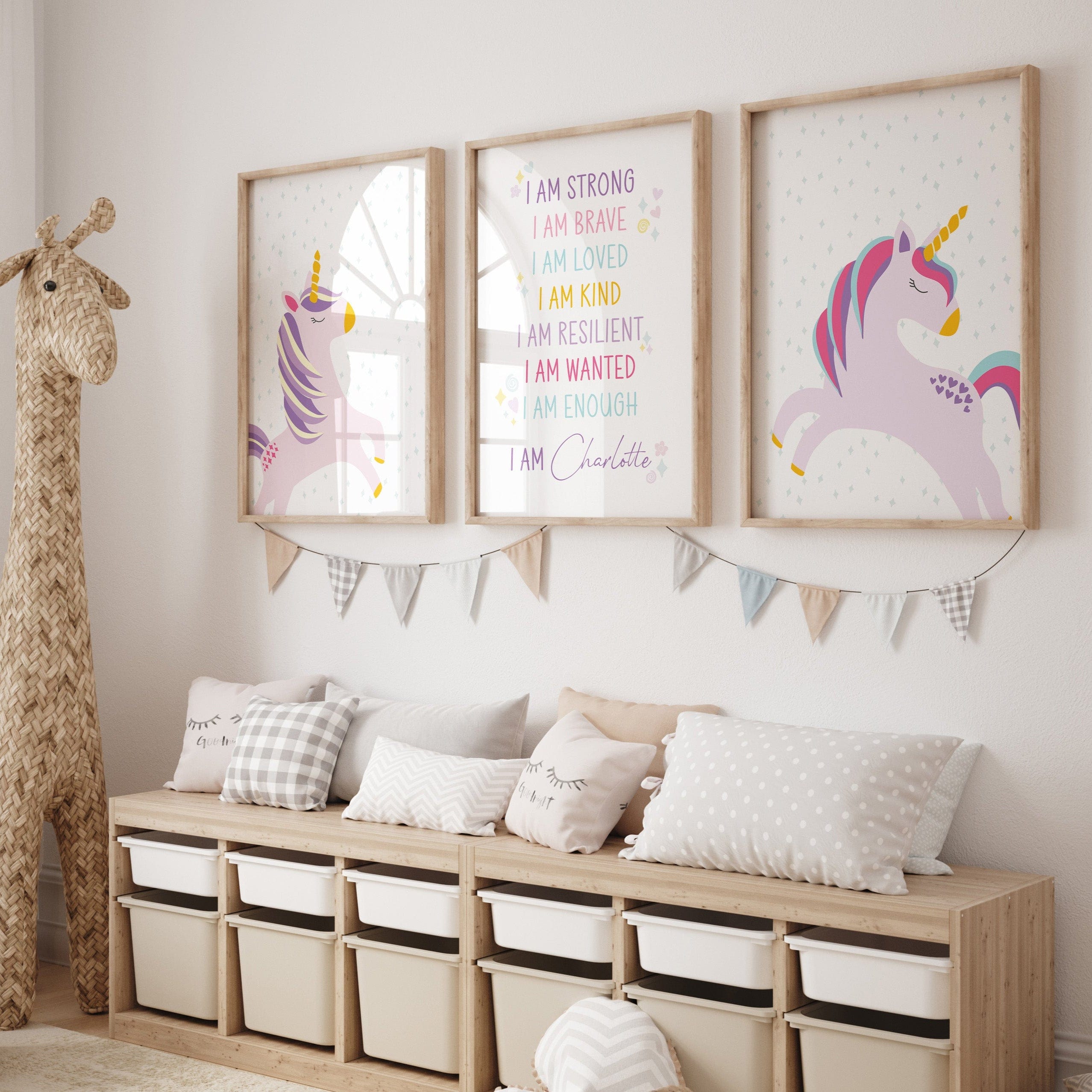 Framed unicorn and affirmation print trio displayed in a soft-toned nursery – inspirational personalised artwork for girls’ rooms”