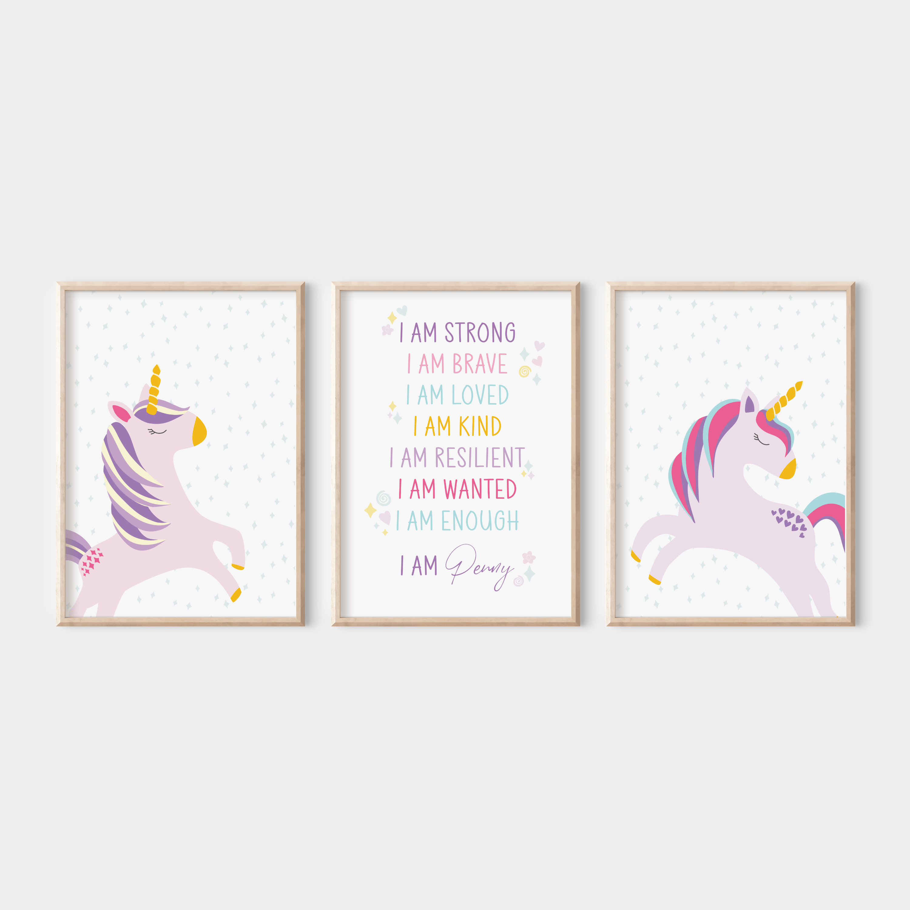 Set of 3 unicorn and affirmation prints including personalised I Am statement print – colourful, empowering wall art for children’s bedrooms