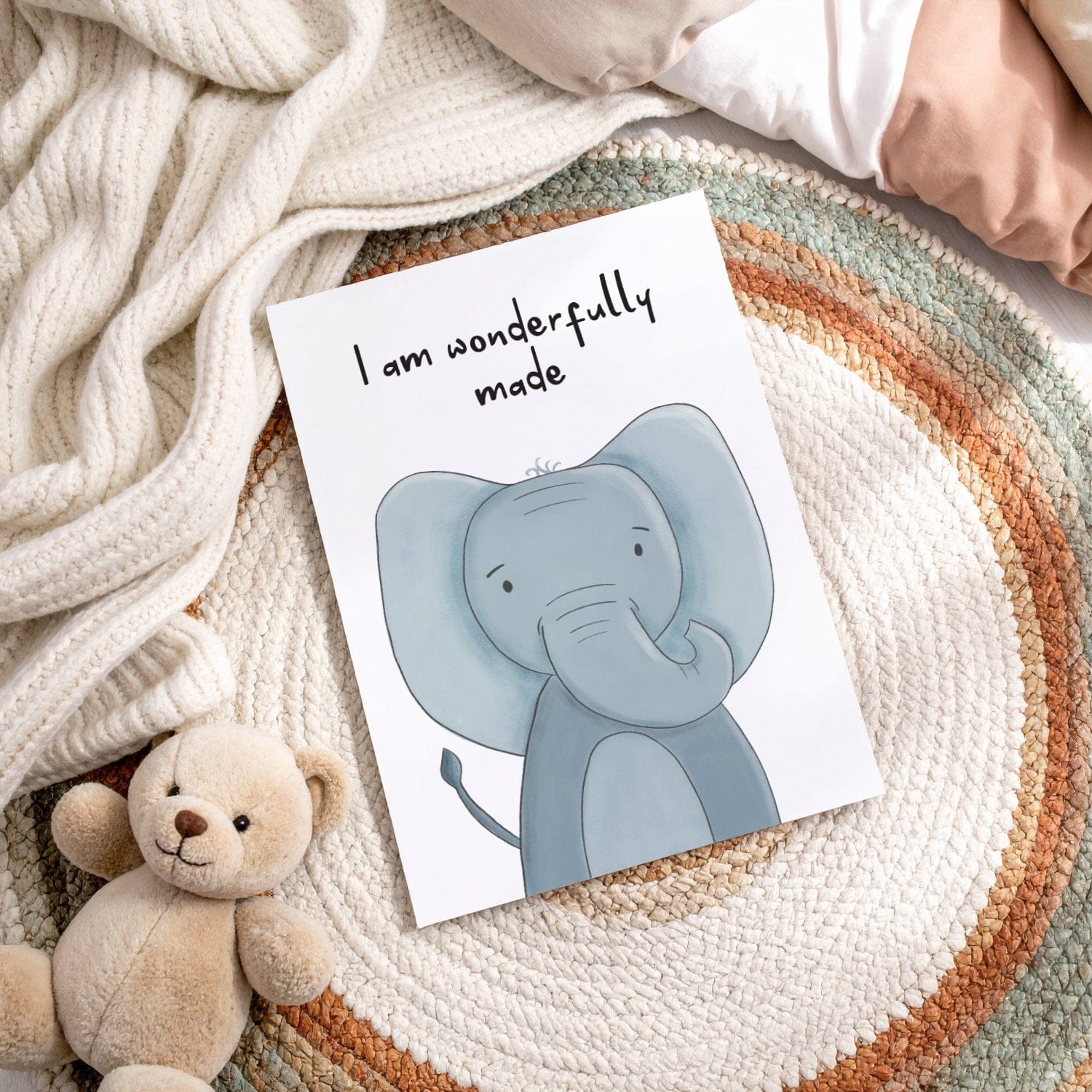 Safari affirmation wall art for kids reading “I am wonderfully made”
