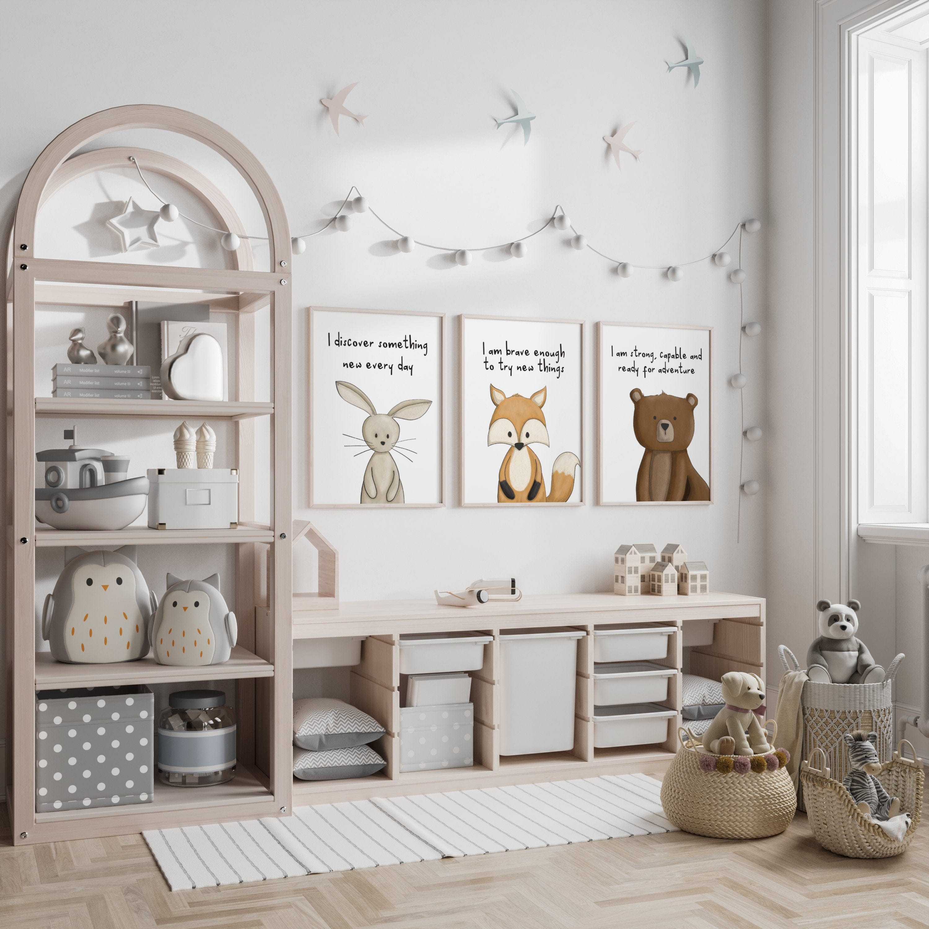 Children's room with wooden shelves, toys, and wall art in a bright and organized setting.
