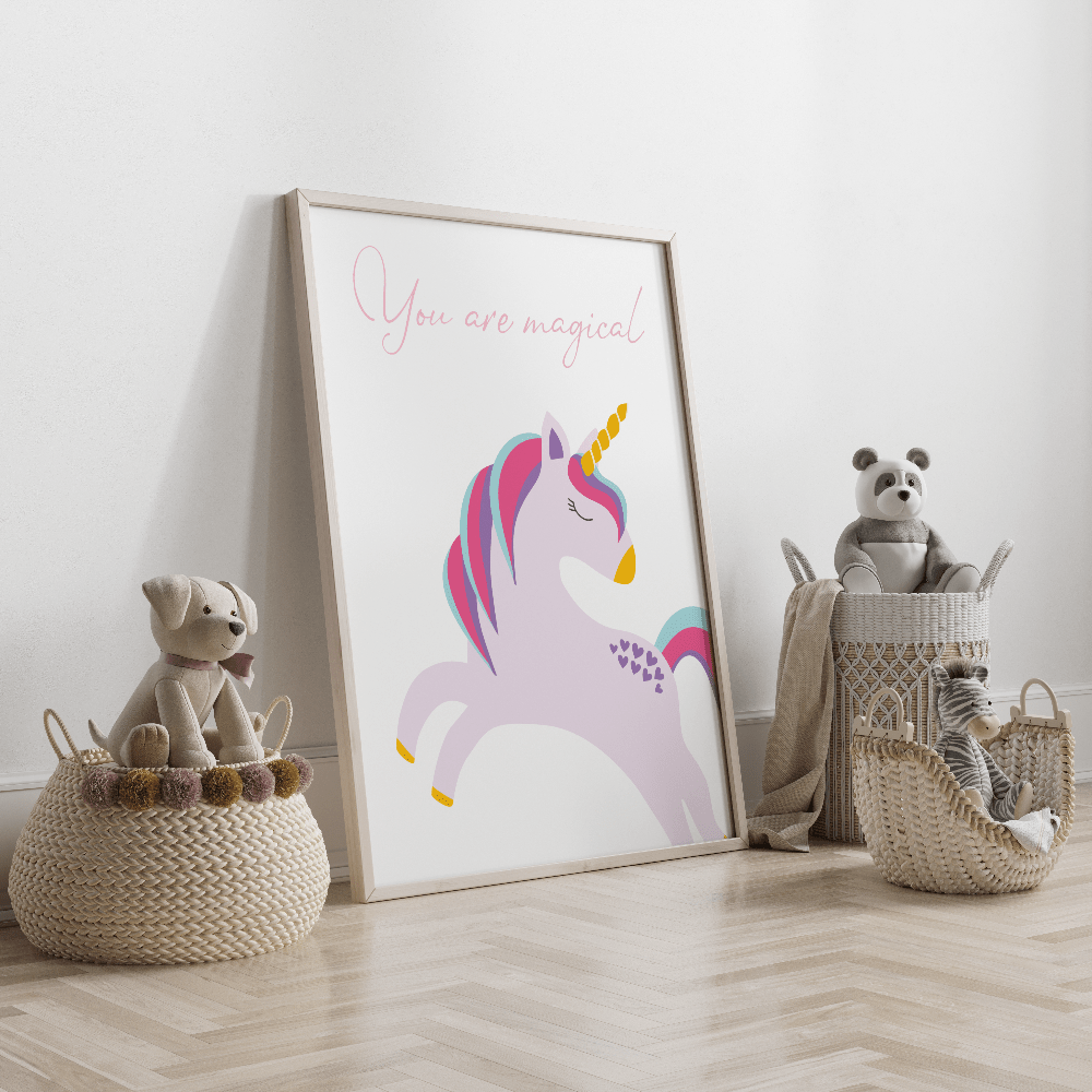 Unicorn affirmation print with the message ‘You Are Magical’ – positive wall art for kids' rooms with whimsical illustration