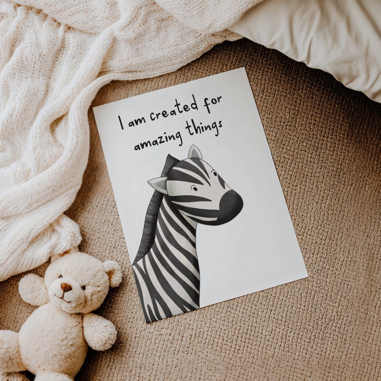 Safari animal affirmation print for children reading “I am created for amazing things”
