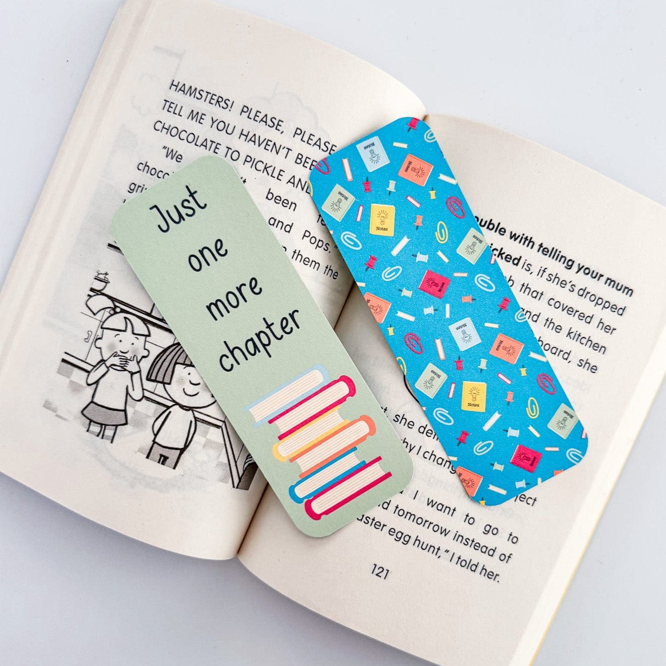 Affirmation bookmarks with green design on book