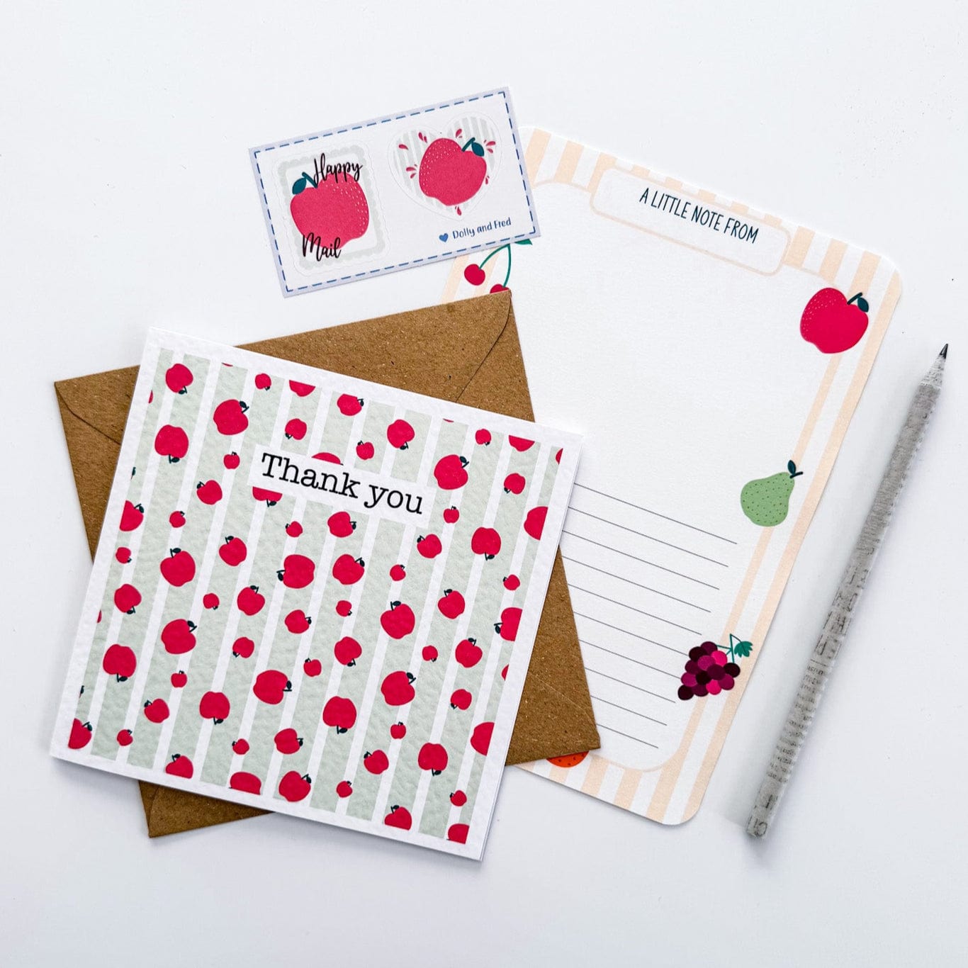 Personalised greetings card with apples, envelope and stickers included