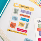 Close-up of reading-themed sticker sheet for children.