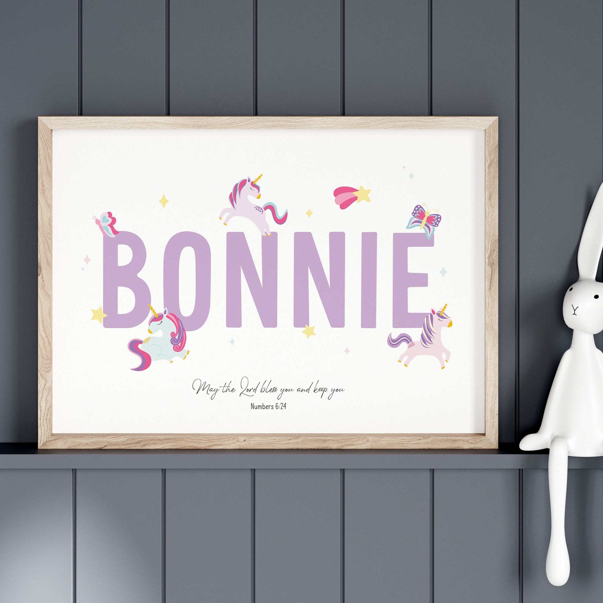 Framed unicorn name print with bold letters and Bible verse – Christian nursery print with personalised name and playful illustrations