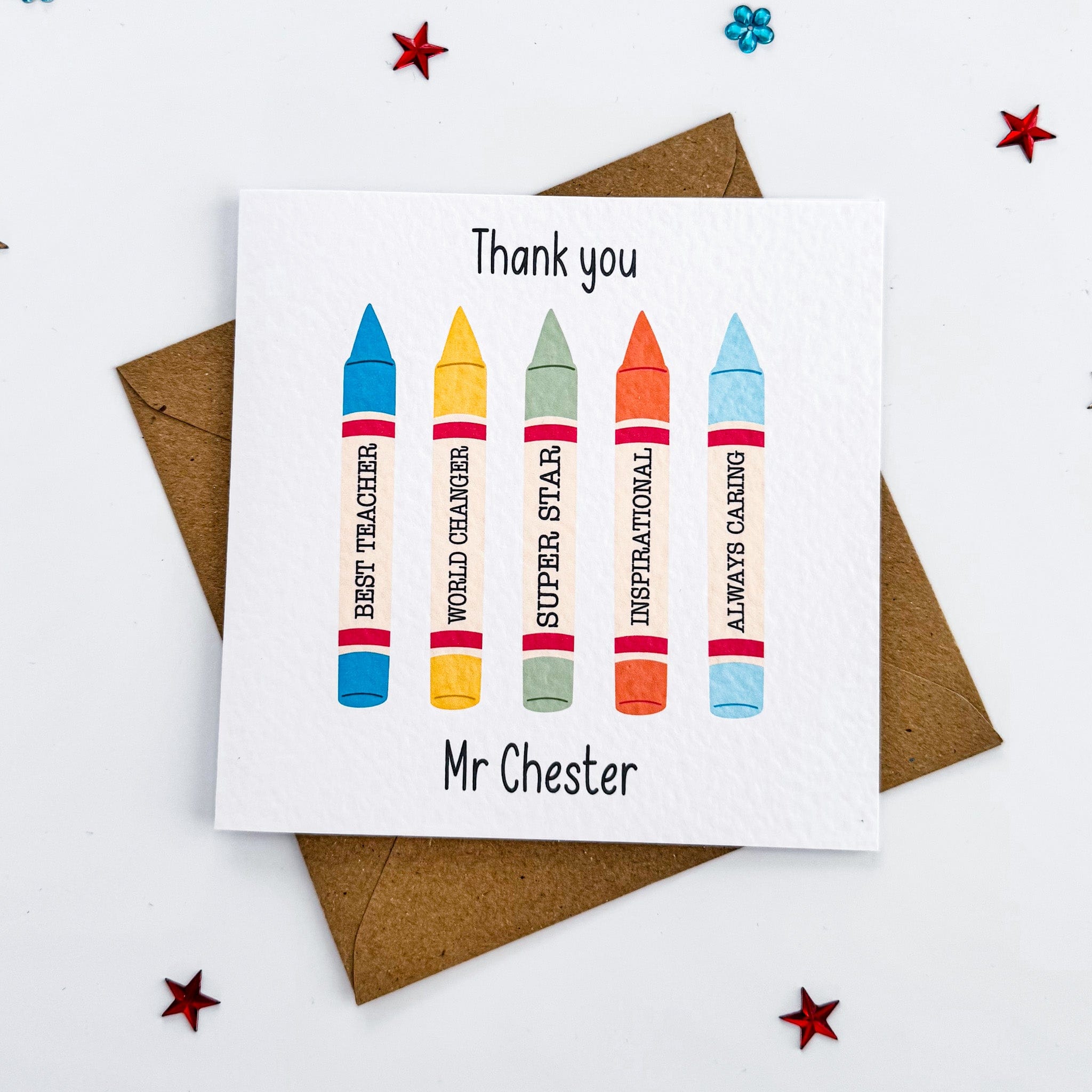 Bright crayon-themed thank you teacher card with personalised name and stars.