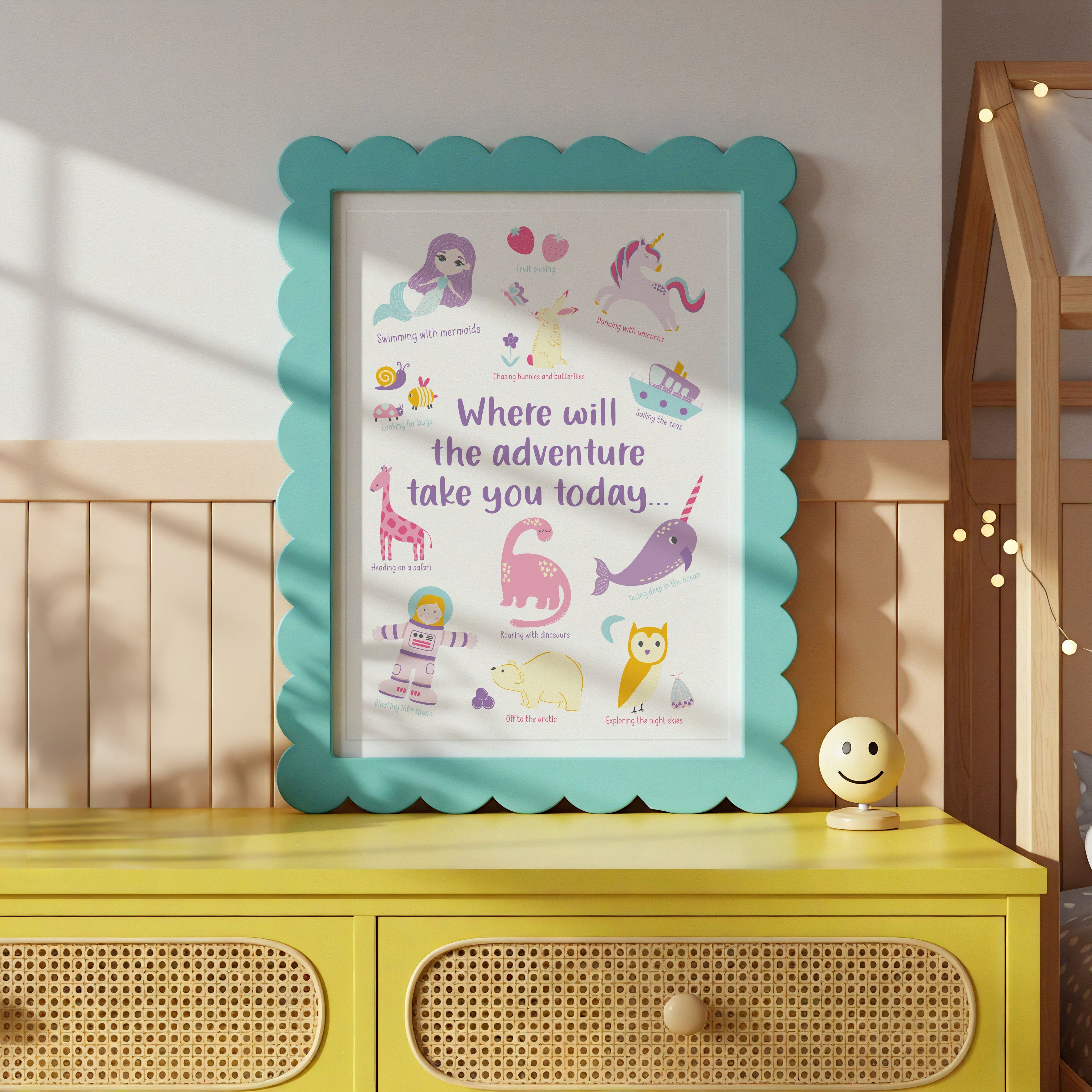 Adventure-themed writing prompt print displayed in a bright, colourful children's room with yellow furniture.