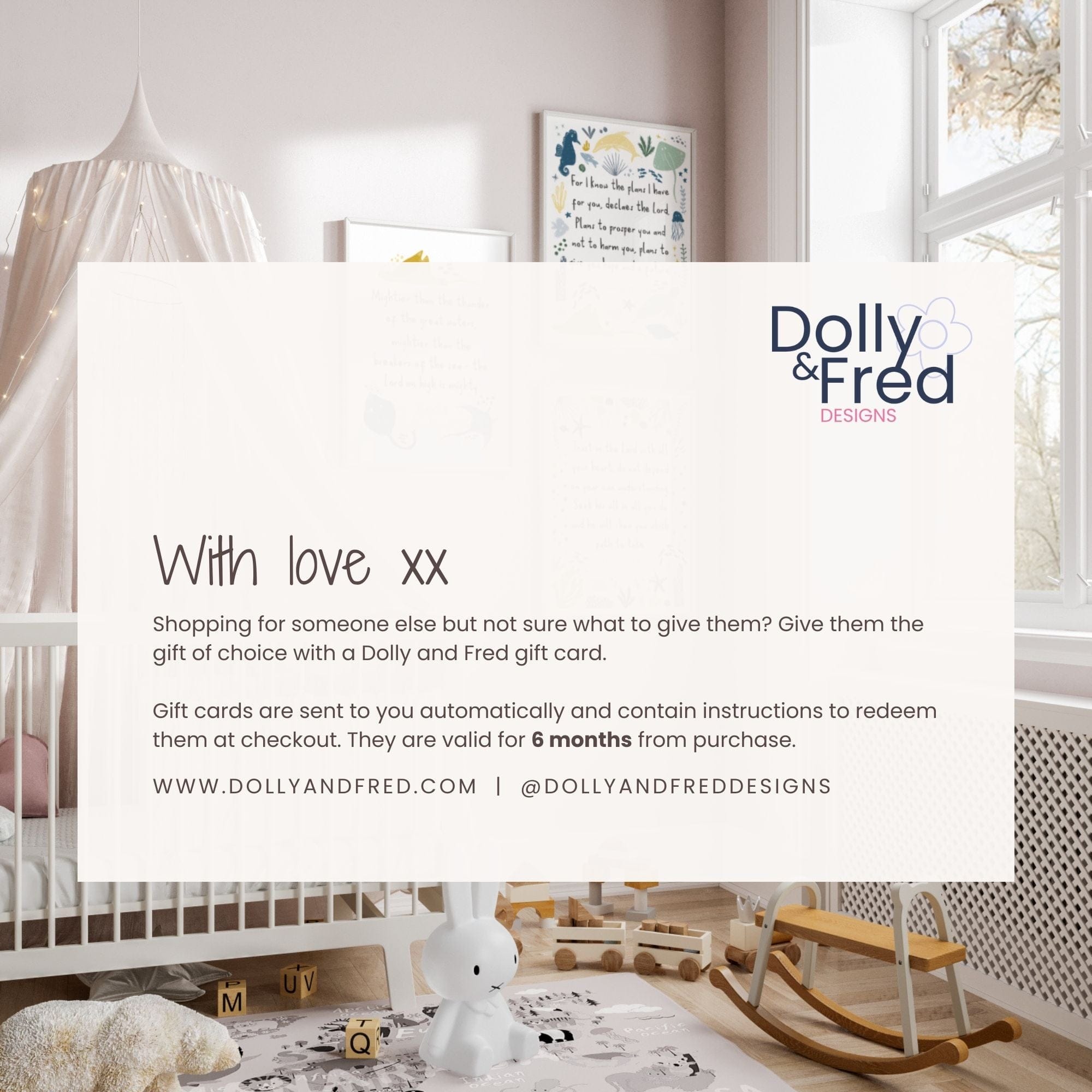Advertisement for Dolly & Fred Designs gift cards in a nursery setting.