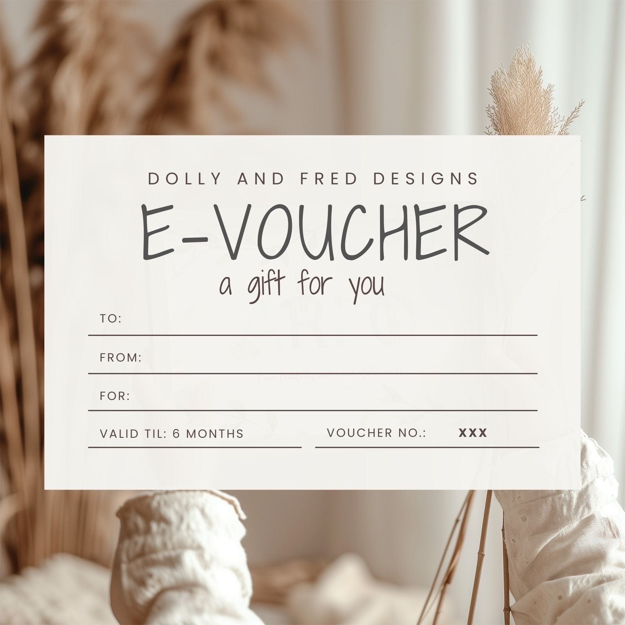 E-voucher from Dolly and Fred Designs with decorative elements in the background