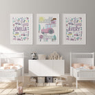 Pink and PurpleTransport Nursery Name Print Set, Personalised new baby gift, Little girls playroom art
