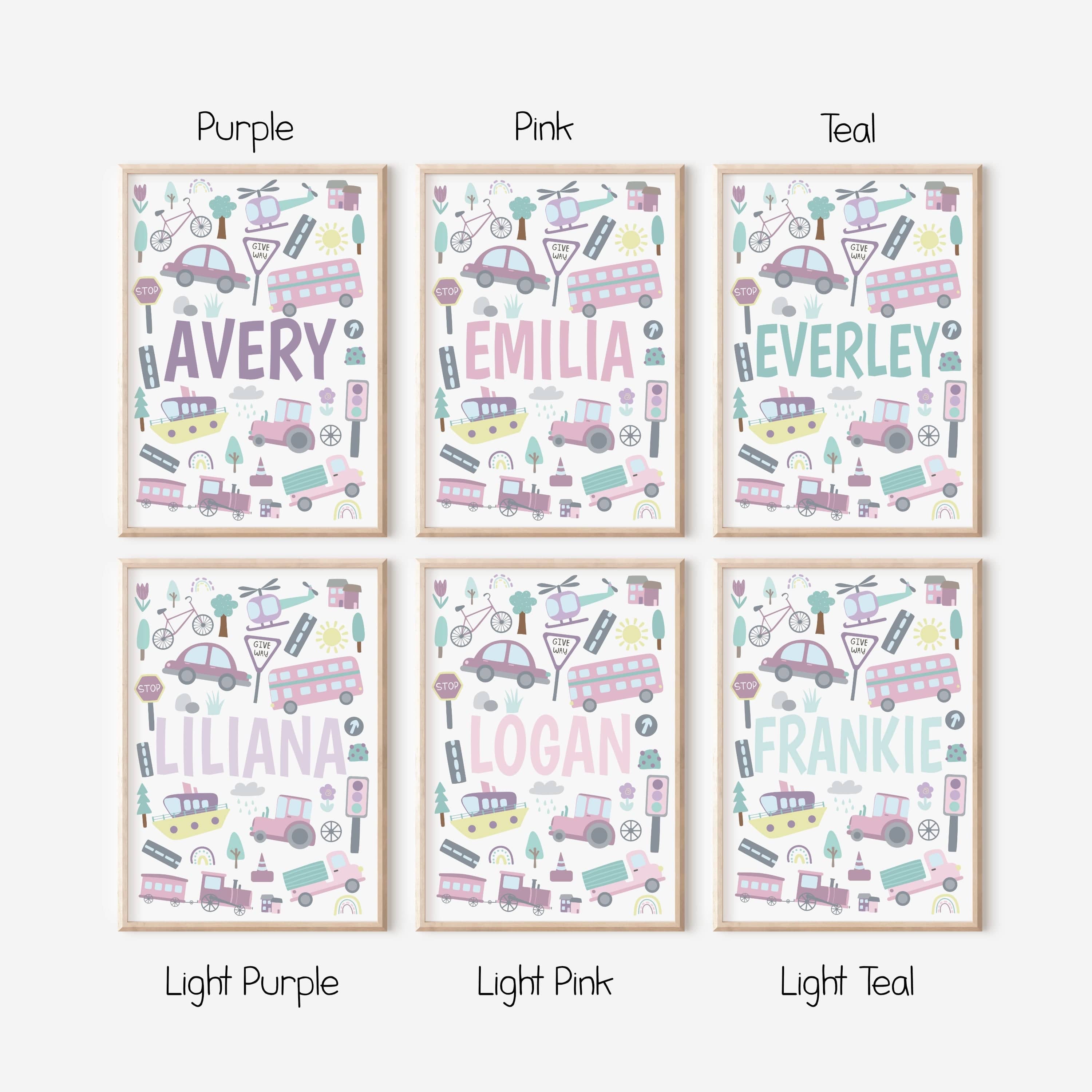 Pink and PurpleTransport Nursery Name Print Set, Personalised new baby gift, Little girls playroom art