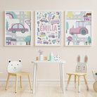 Pink and PurpleTransport Nursery Name Print Set, Personalised new baby gift, Little girls playroom art