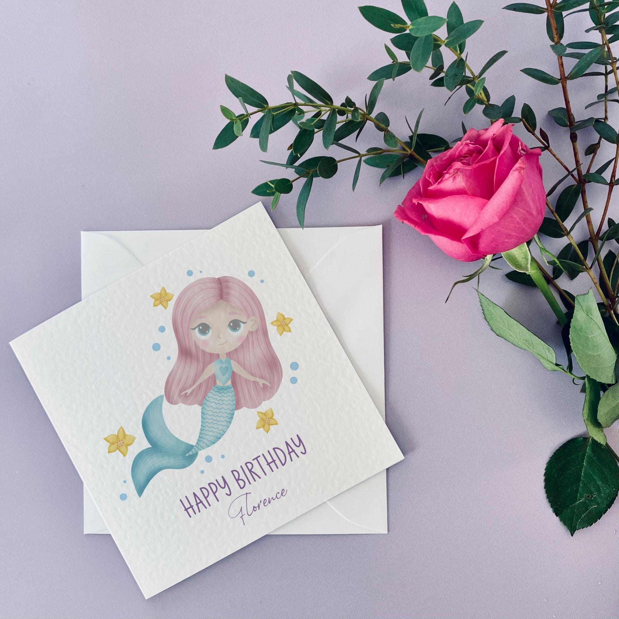 Little Girls Mermaid Birthday Card - Dolly and Fred Designs