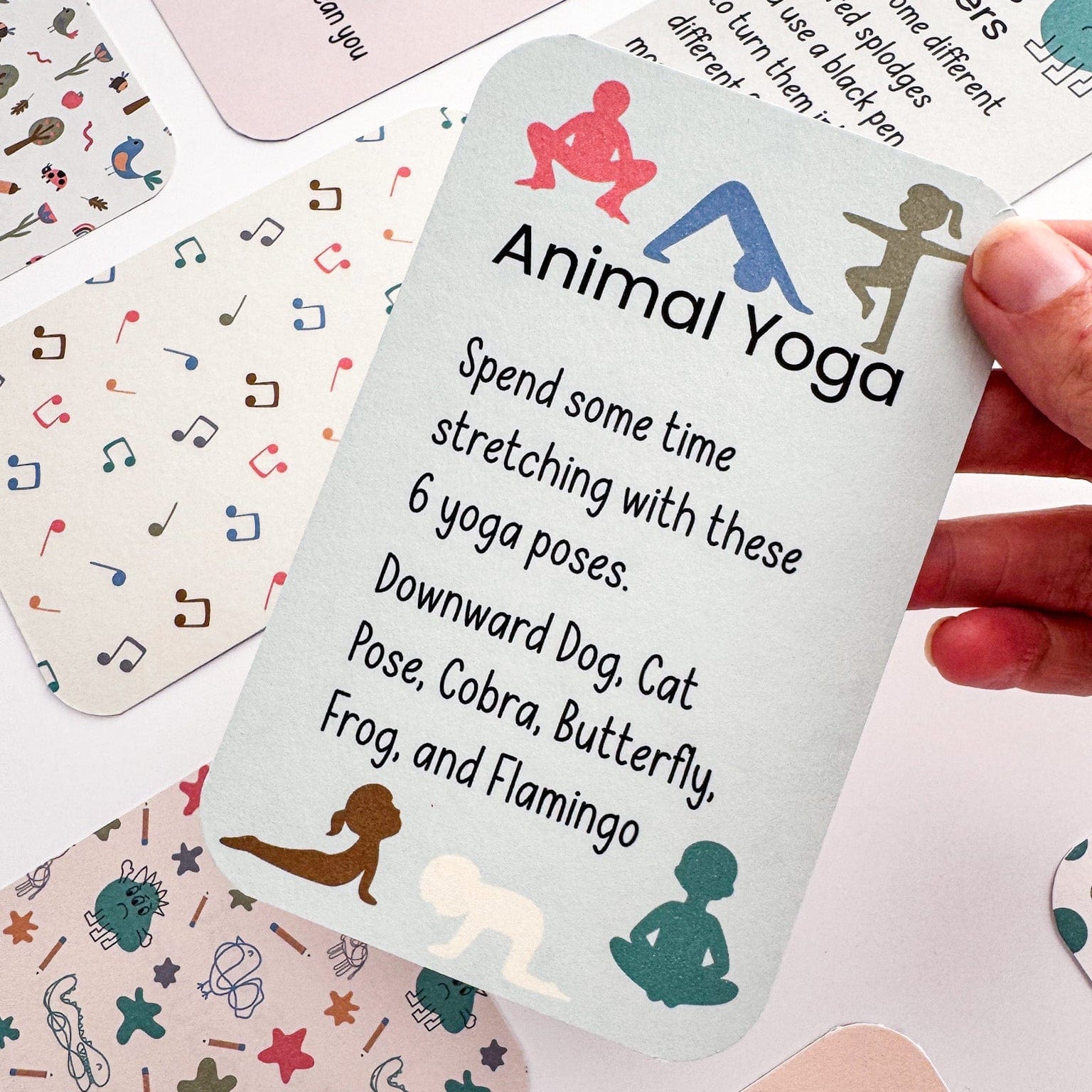 Close-up of a mindfulness activity card for children with calming text and gentle illustrations.