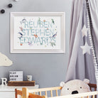 Watercolour ocean nursery print displayed on a nursery wall, creating a whimsical underwater scene.